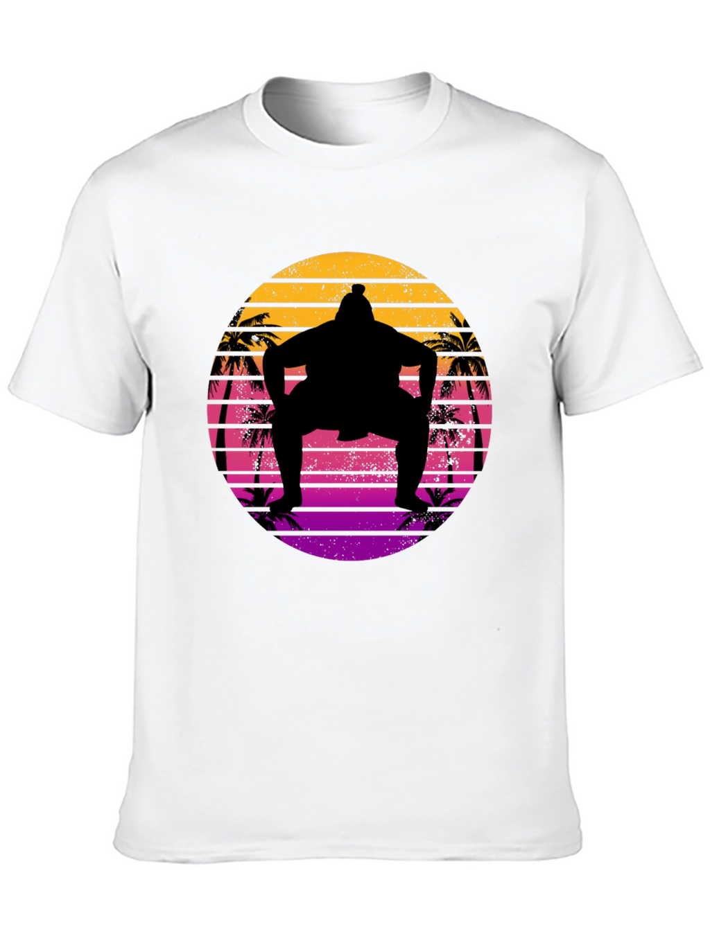 Retro Sumo Wrestler Palm Tree Sunset Graphic Tee
