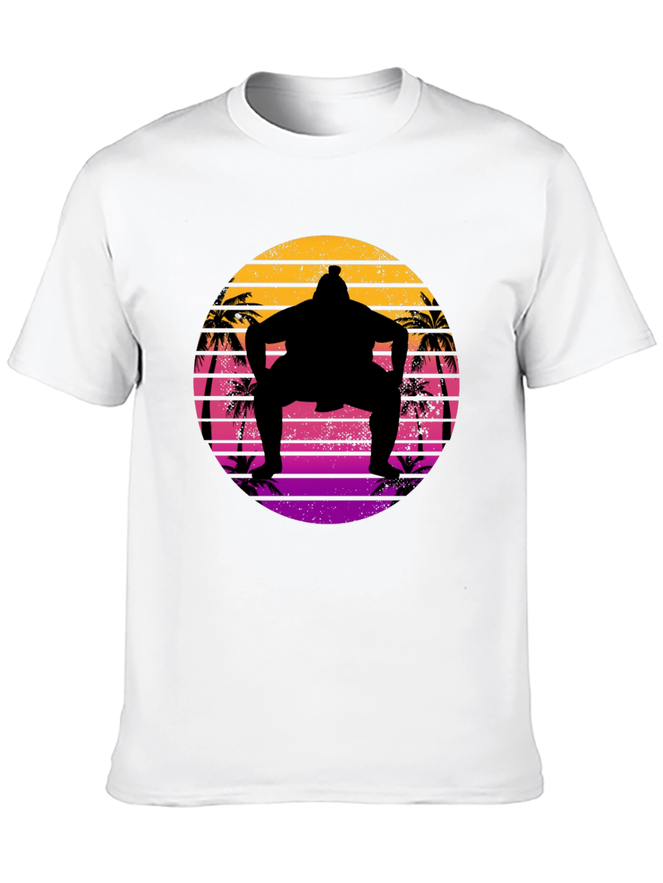 Retro Sumo Wrestler Palm Tree Sunset Graphic Tee