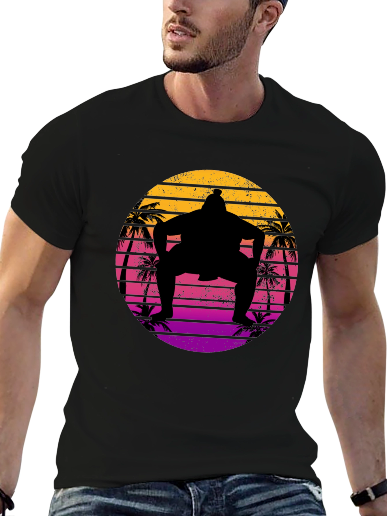 Retro Sumo Wrestler Palm Tree Sunset Graphic Tee