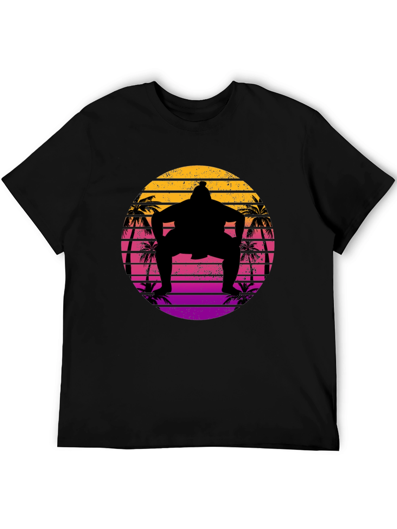 Retro Sumo Wrestler Palm Tree Sunset Graphic Tee