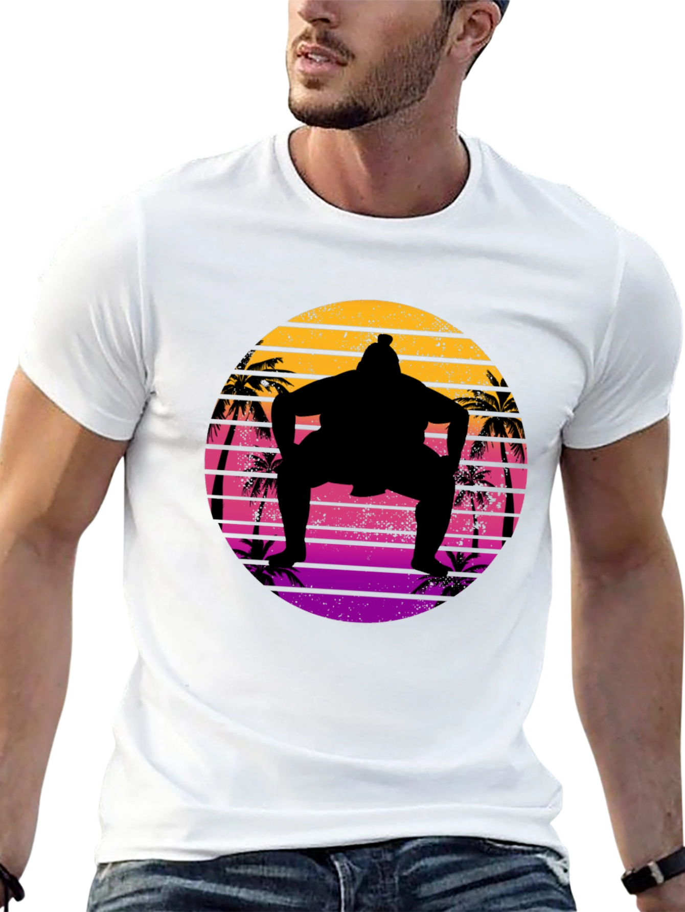 Retro Sumo Wrestler Palm Tree Sunset Graphic Tee
