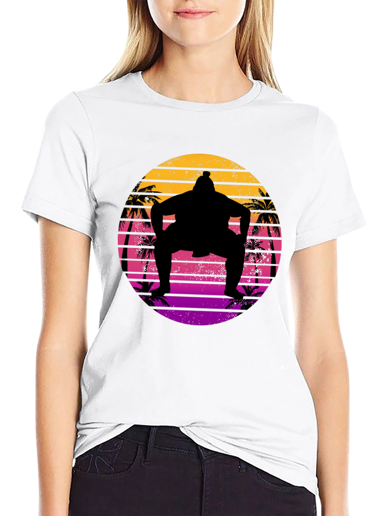 Retro Sumo Wrestler Palm Tree Sunset Graphic Tee