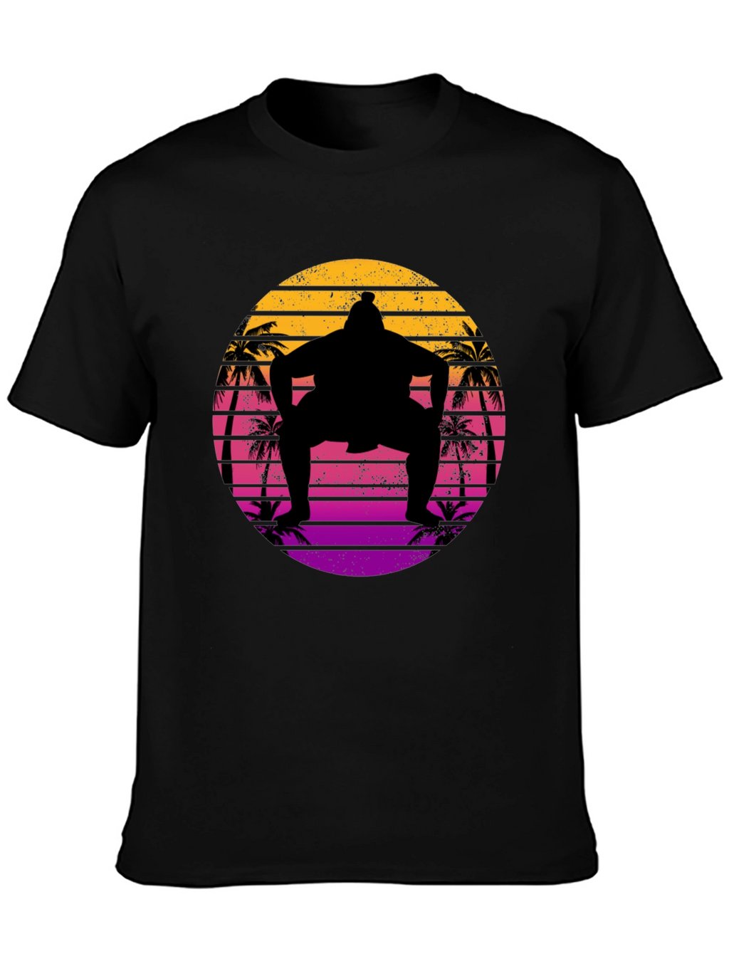 Retro Sumo Wrestler Palm Tree Sunset Graphic Tee