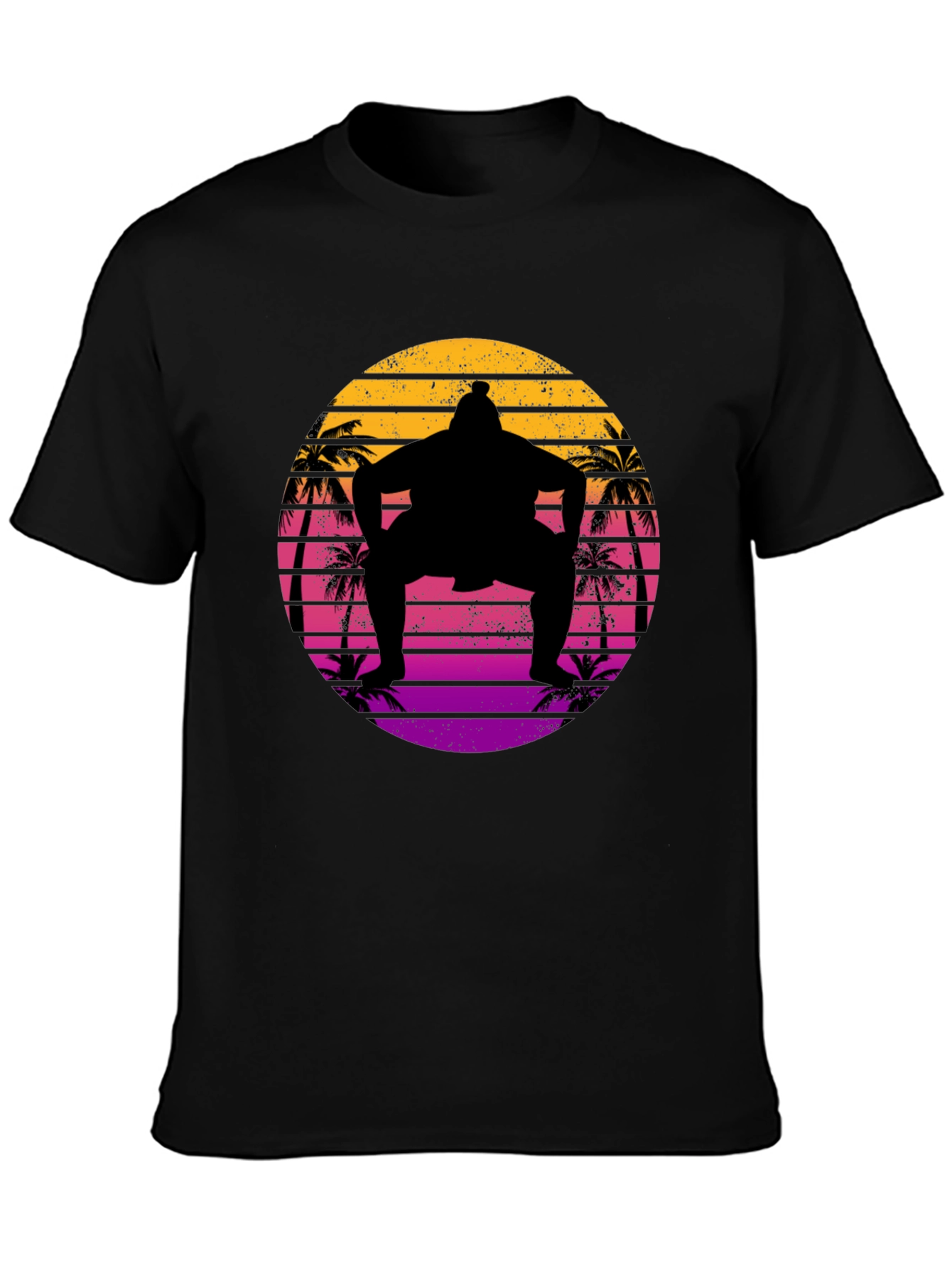 Retro Sumo Wrestler Palm Tree Sunset Graphic Tee