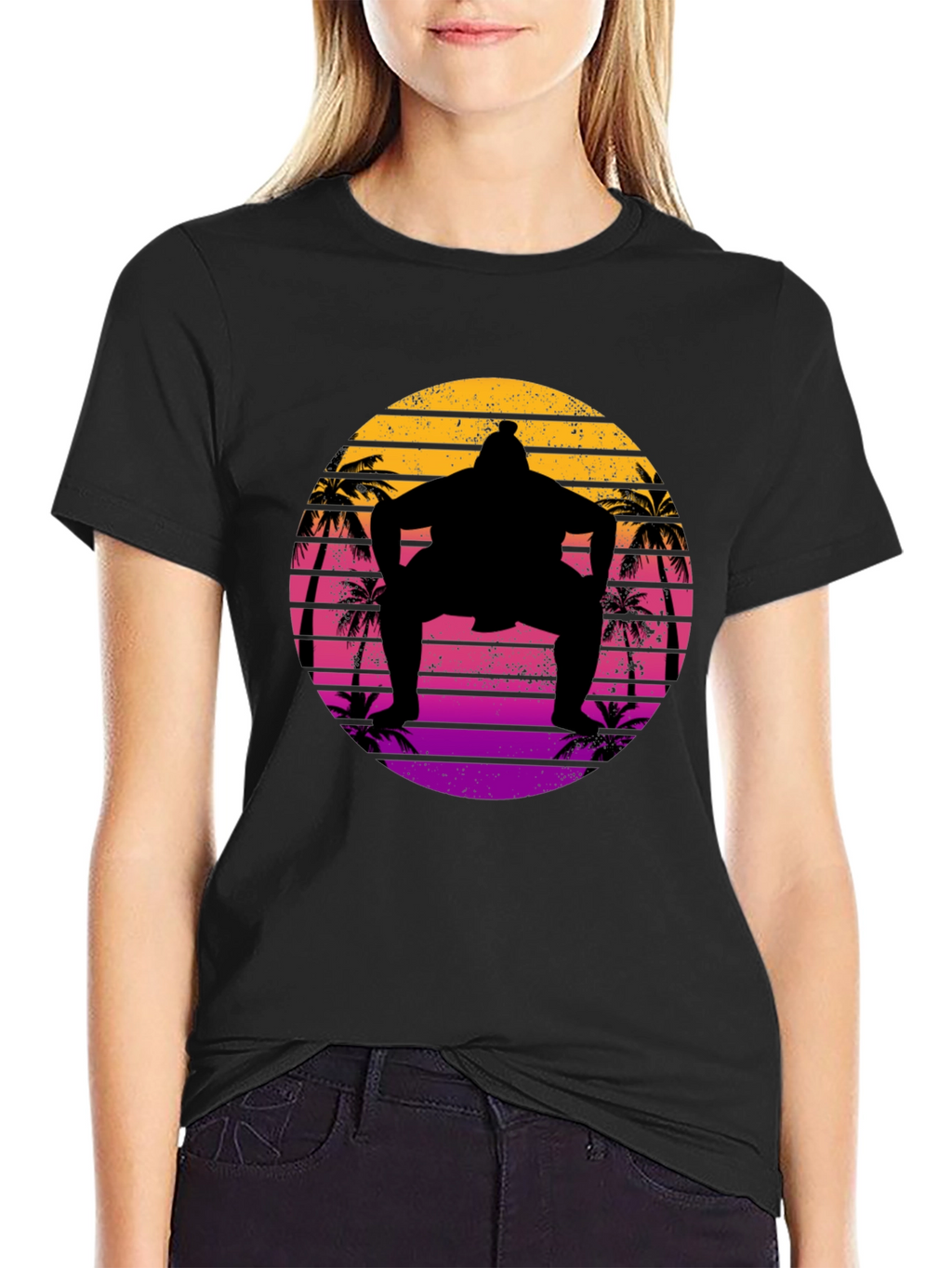 Retro Sumo Wrestler Palm Tree Sunset Graphic Tee