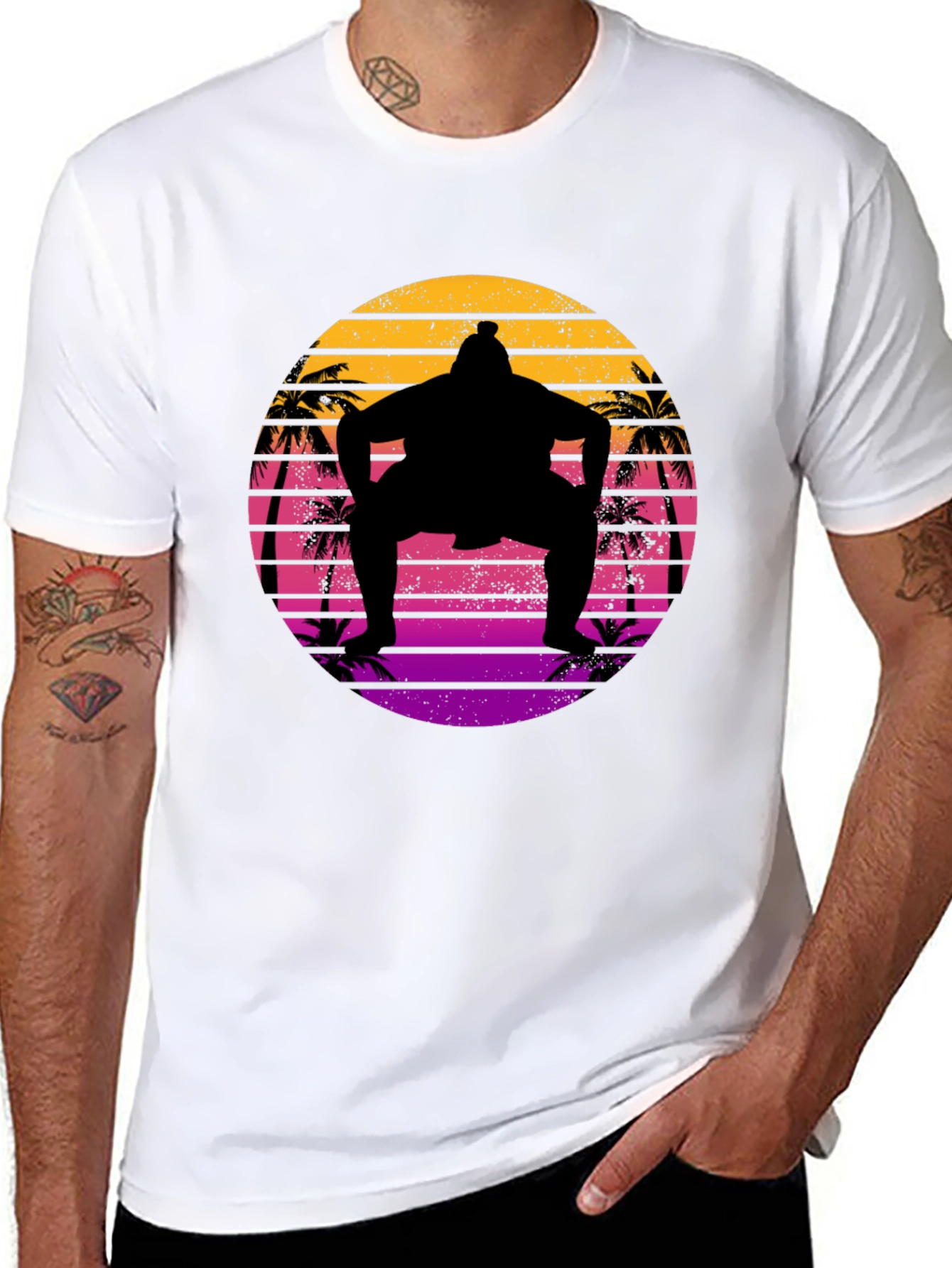 Retro Sumo Wrestler Palm Tree Sunset Graphic Tee