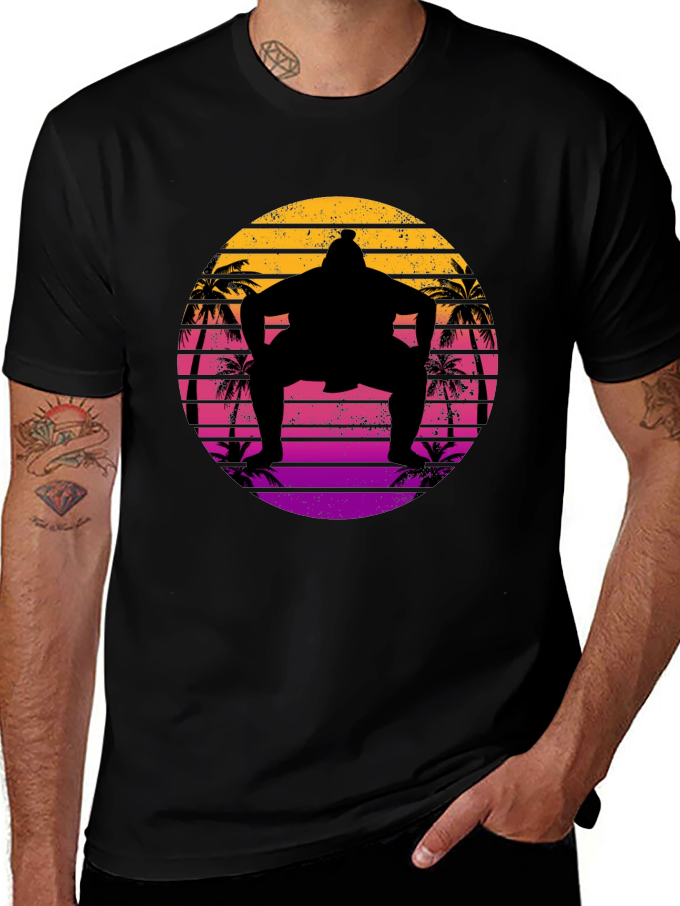 Retro Sumo Wrestler Palm Tree Sunset Graphic Tee