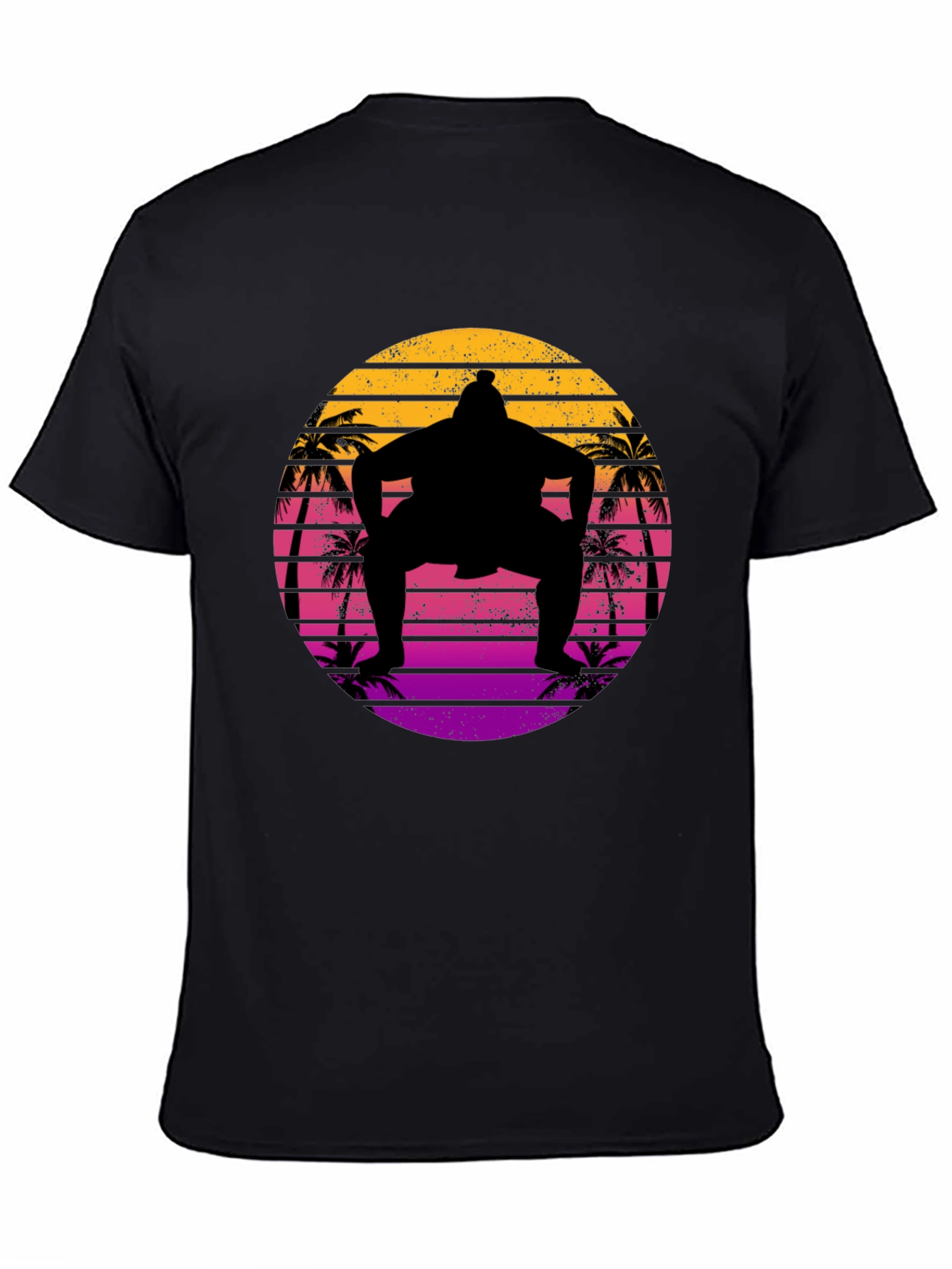 Retro Sumo Wrestler Palm Tree Sunset Graphic Tee