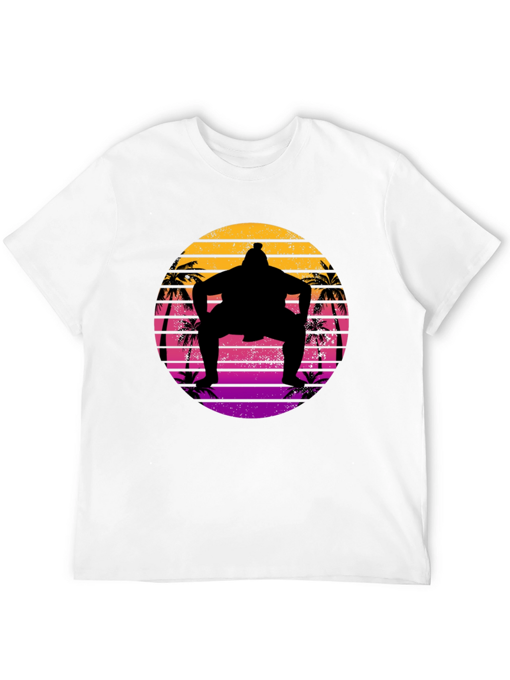 Retro Sumo Wrestler Palm Tree Sunset Graphic Tee