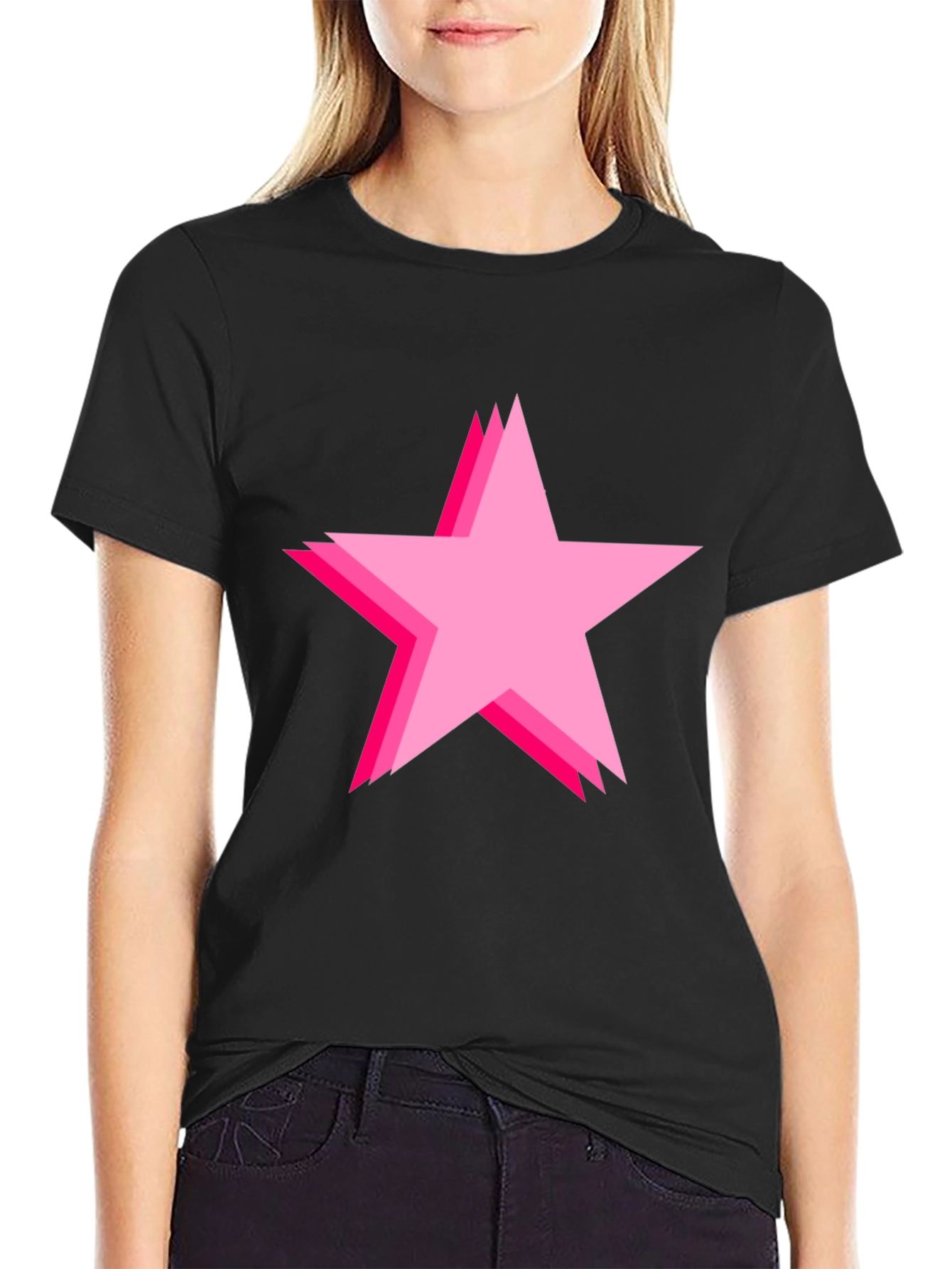 Bold Black Tee with Pink Star Design