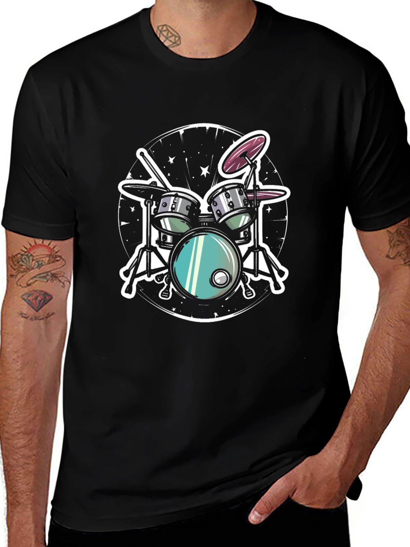 Cool Drum Set Graphic Tee - Black Cotton T-Shirt