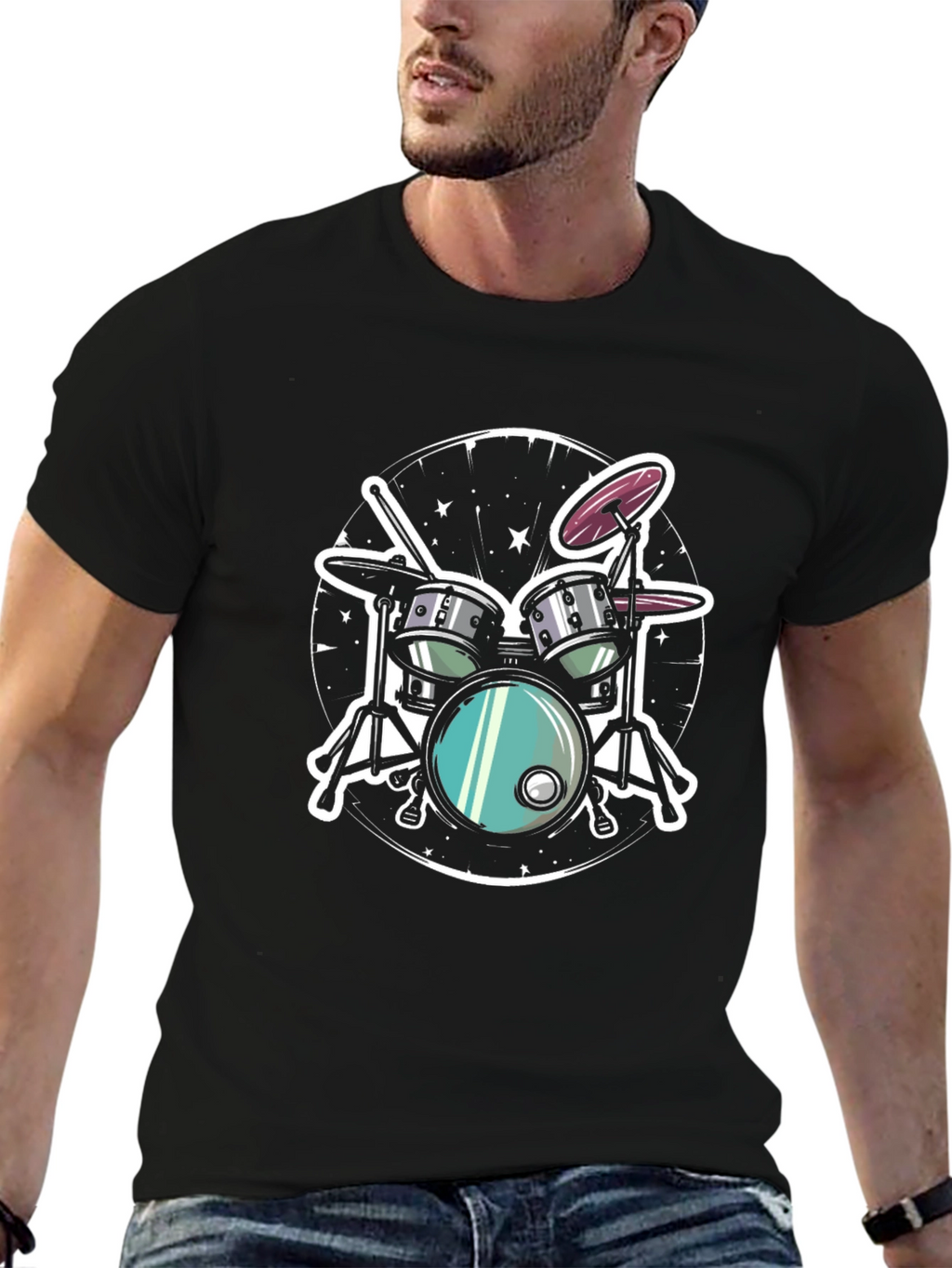 Cool Drum Set Graphic Tee - Black Cotton T-Shirt