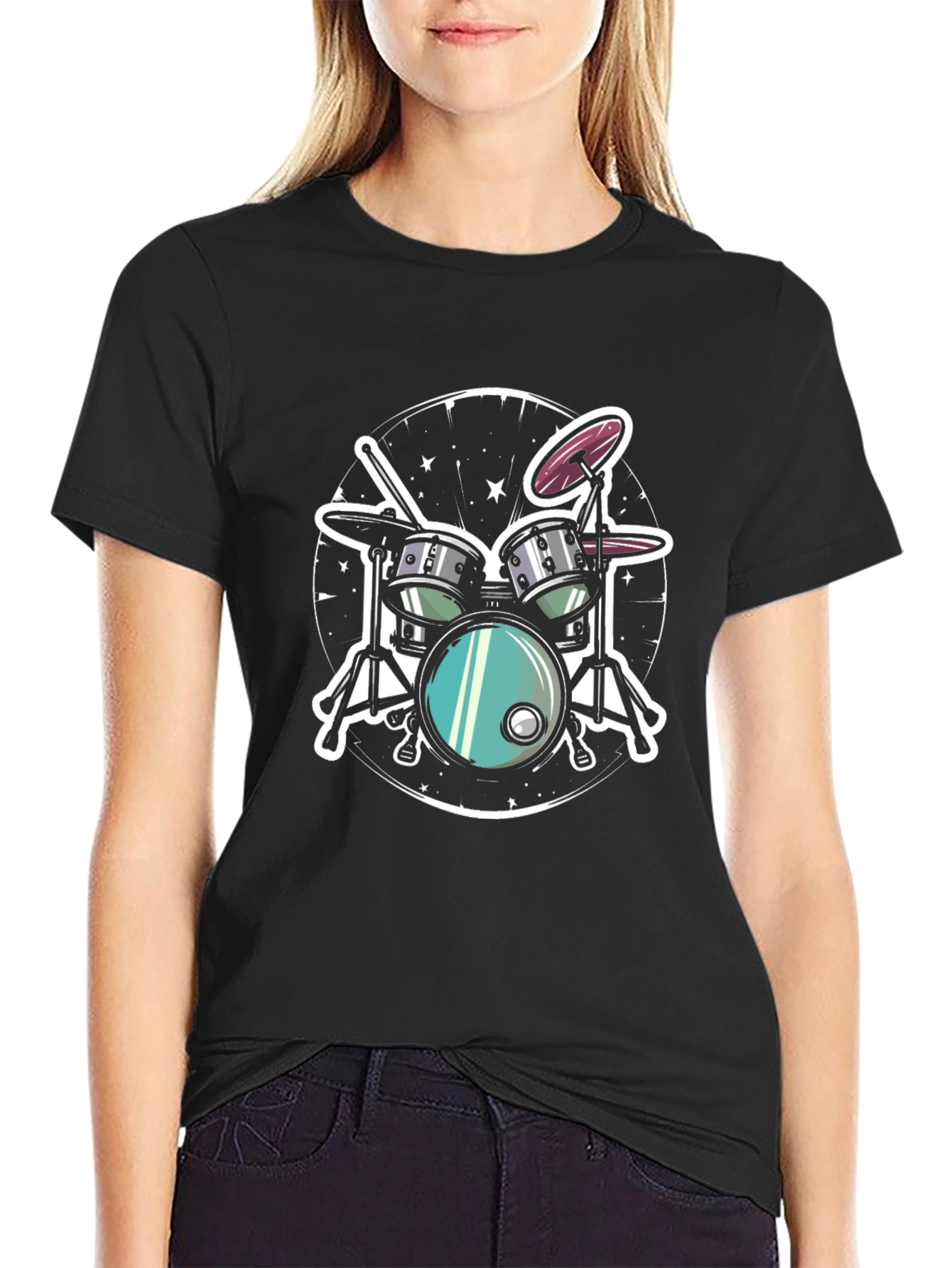Cool Drum Set Graphic Tee - Black Cotton T-Shirt