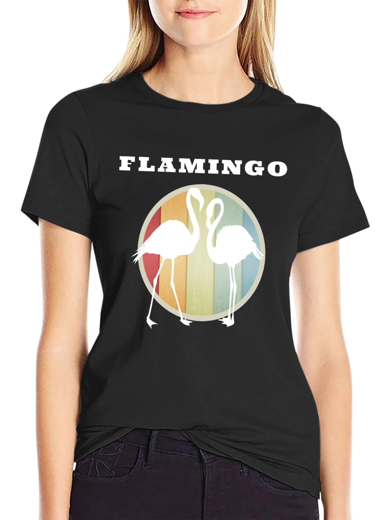 Flamingo Graphic Tee - Retro Style Round Design