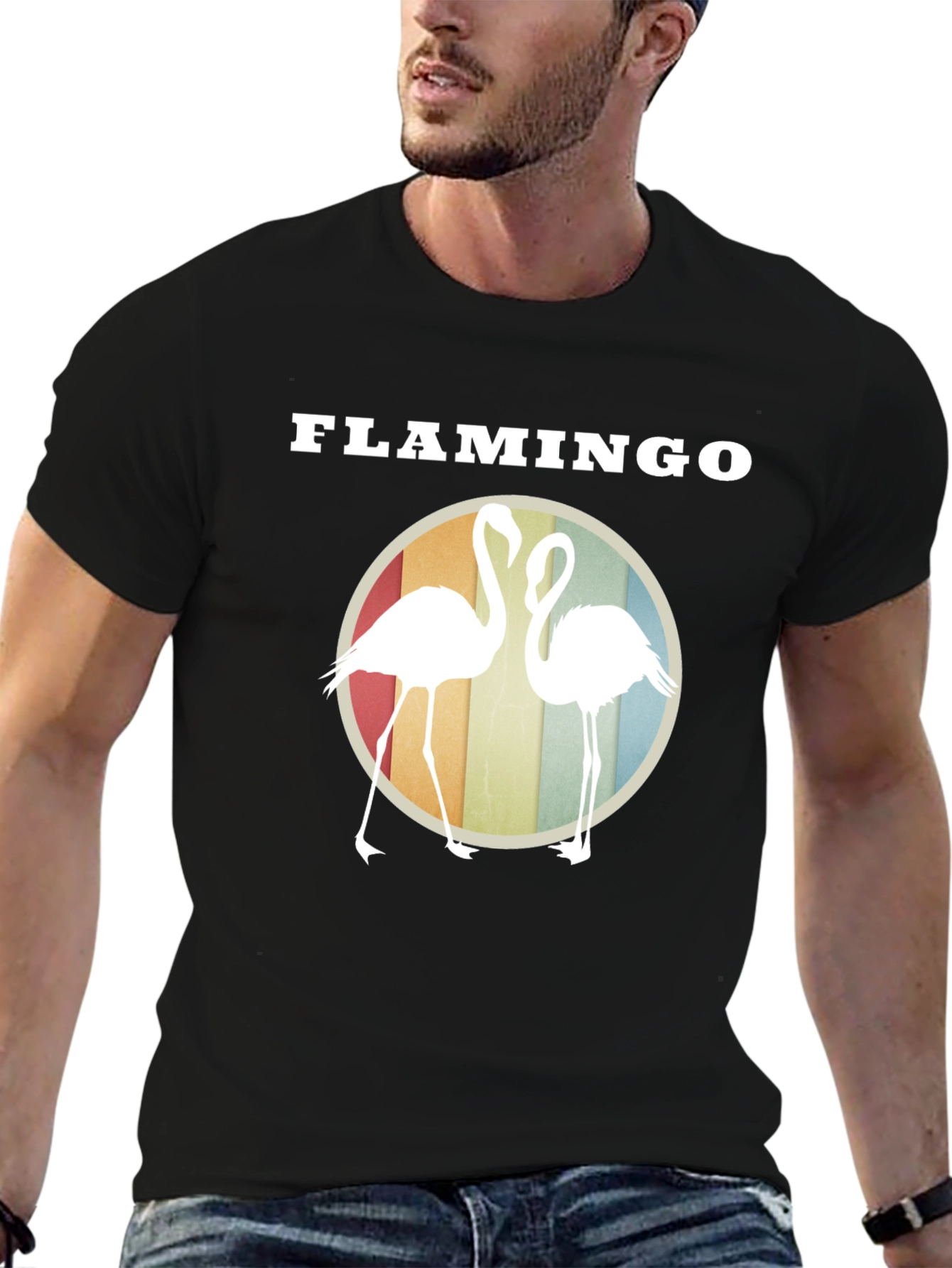 Flamingo Graphic Tee - Retro Style Round Design