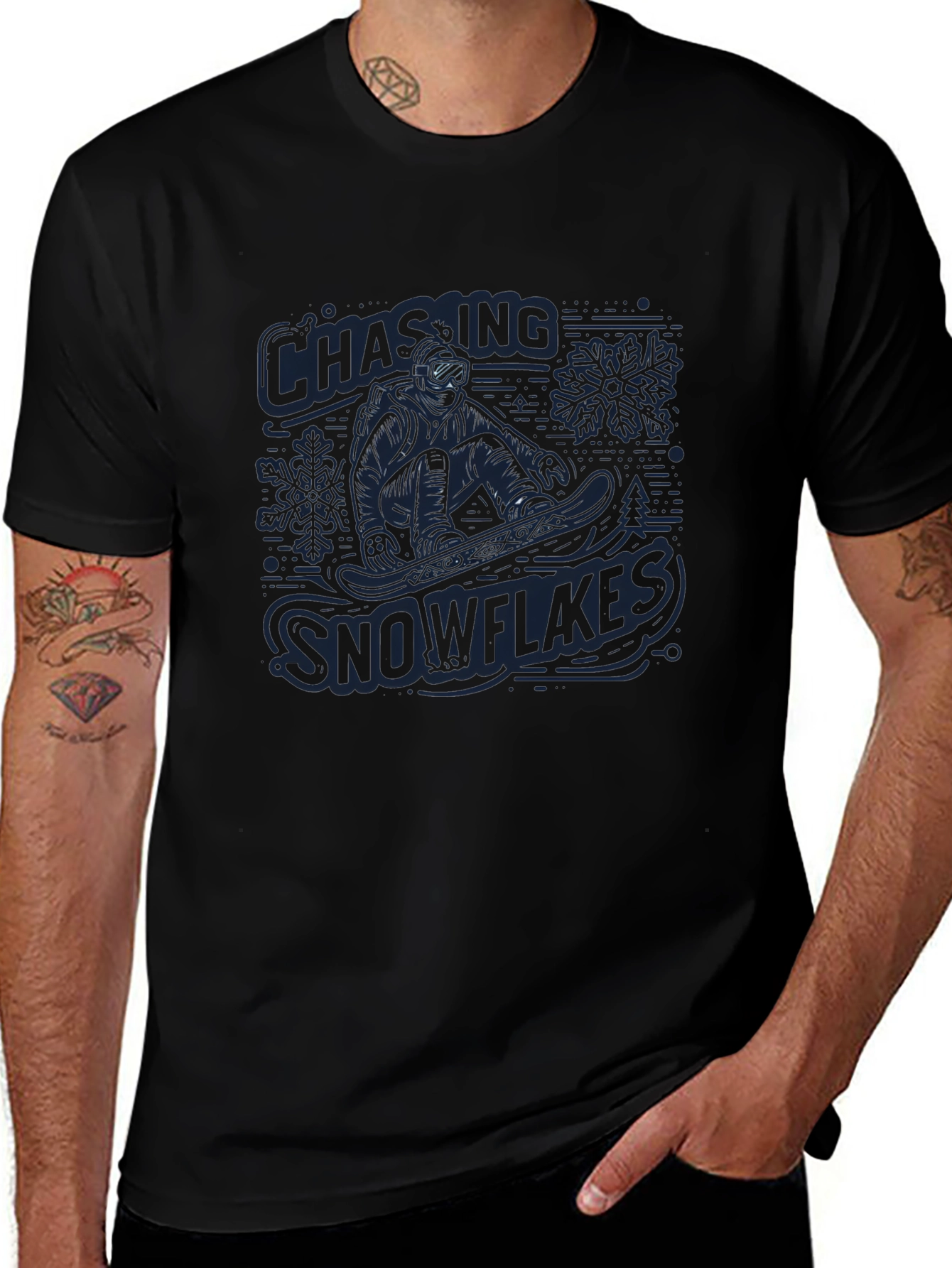 Snowflakes Chasing Graphic T-Shirt - Mens Black Crew Neck
