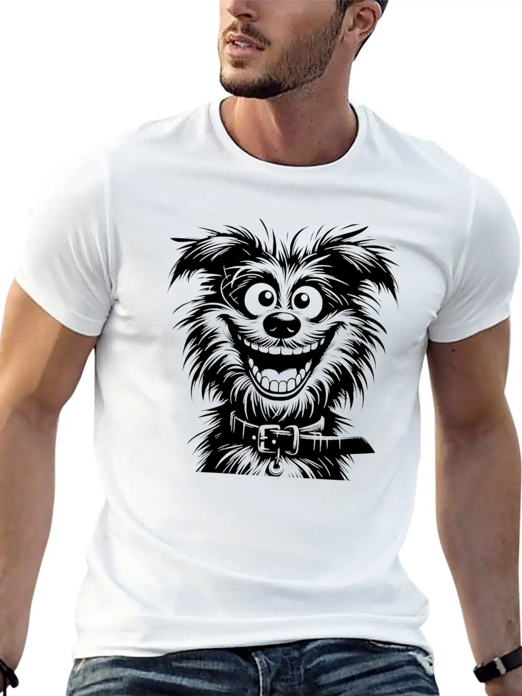 Laughing Dog Pencil Sketch With Big Eyes Essential Cotton Tee For Daily Outfits – Unisex Style