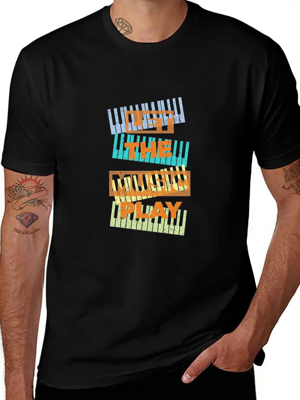 Let The Music Play Piano Keyboards Musician Gift Stylish Everyday T-Shirt – Unisex Basic Cotton Tee