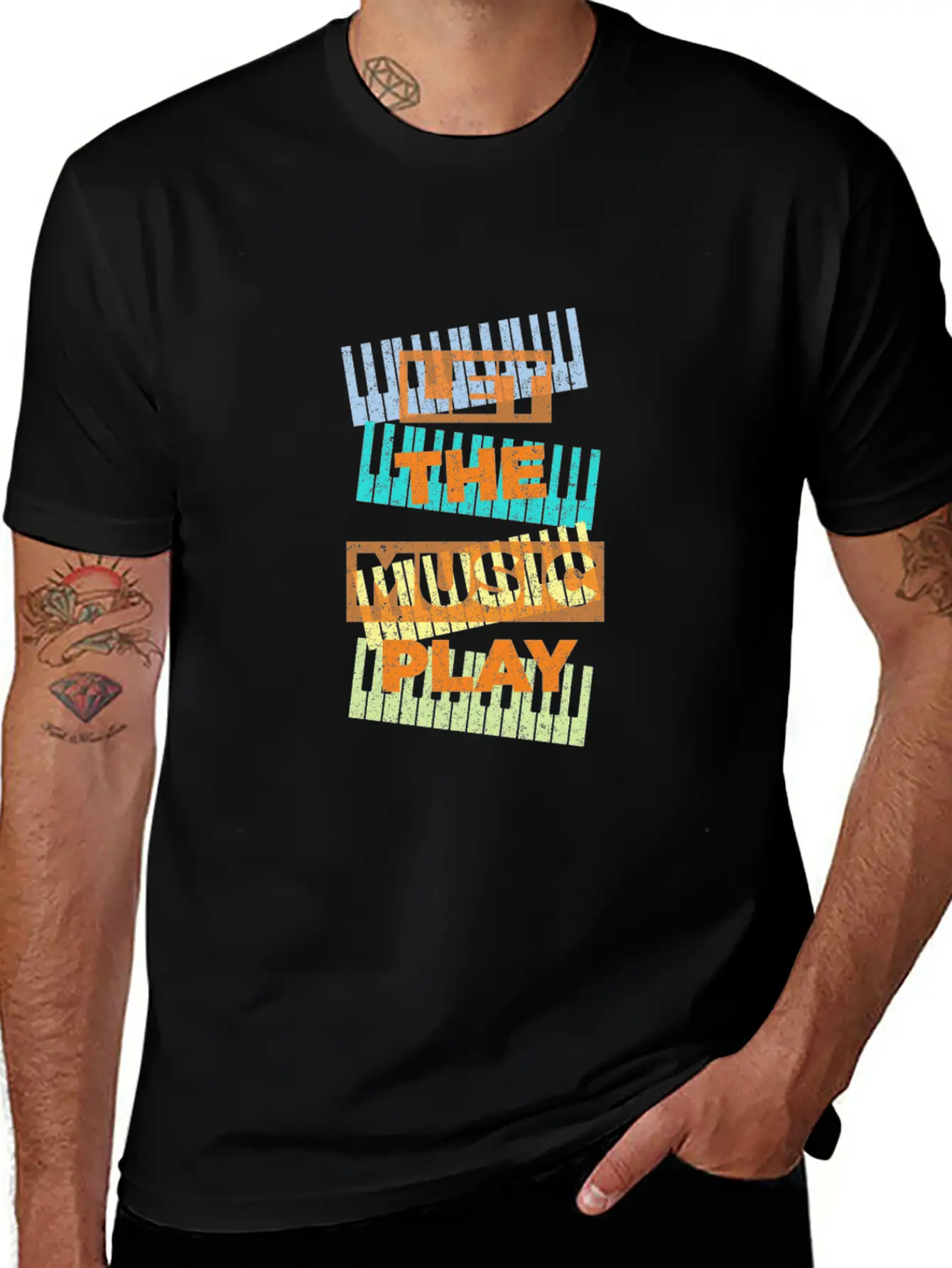 Let The Music Play Piano Keyboards Musician Gift Stylish Everyday T-Shirt – Unisex Basic Cotton Tee
