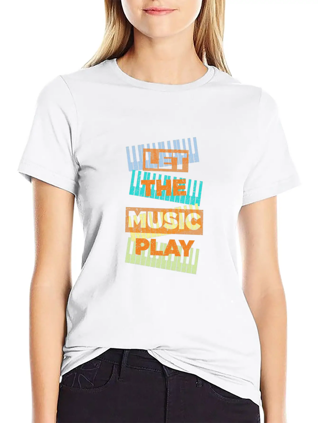 Let The Music Play Piano Keyboards Musician Gift Stylish Everyday T-Shirt – Unisex Basic Cotton Tee