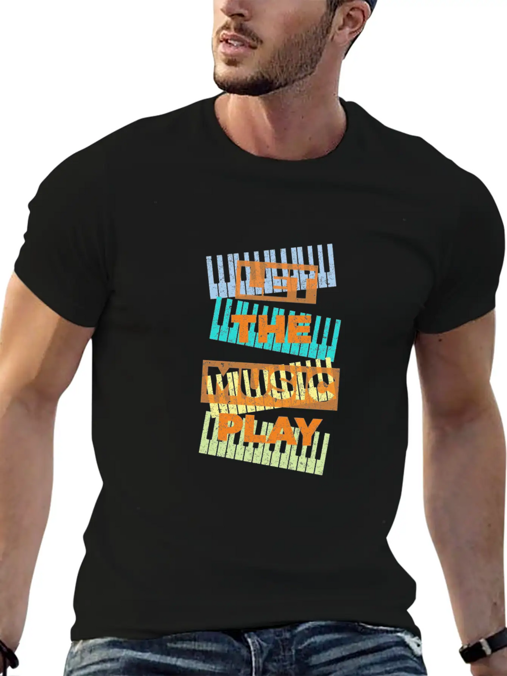 Let The Music Play Piano Keyboards Musician Gift Stylish Everyday T-Shirt – Unisex Basic Cotton Tee