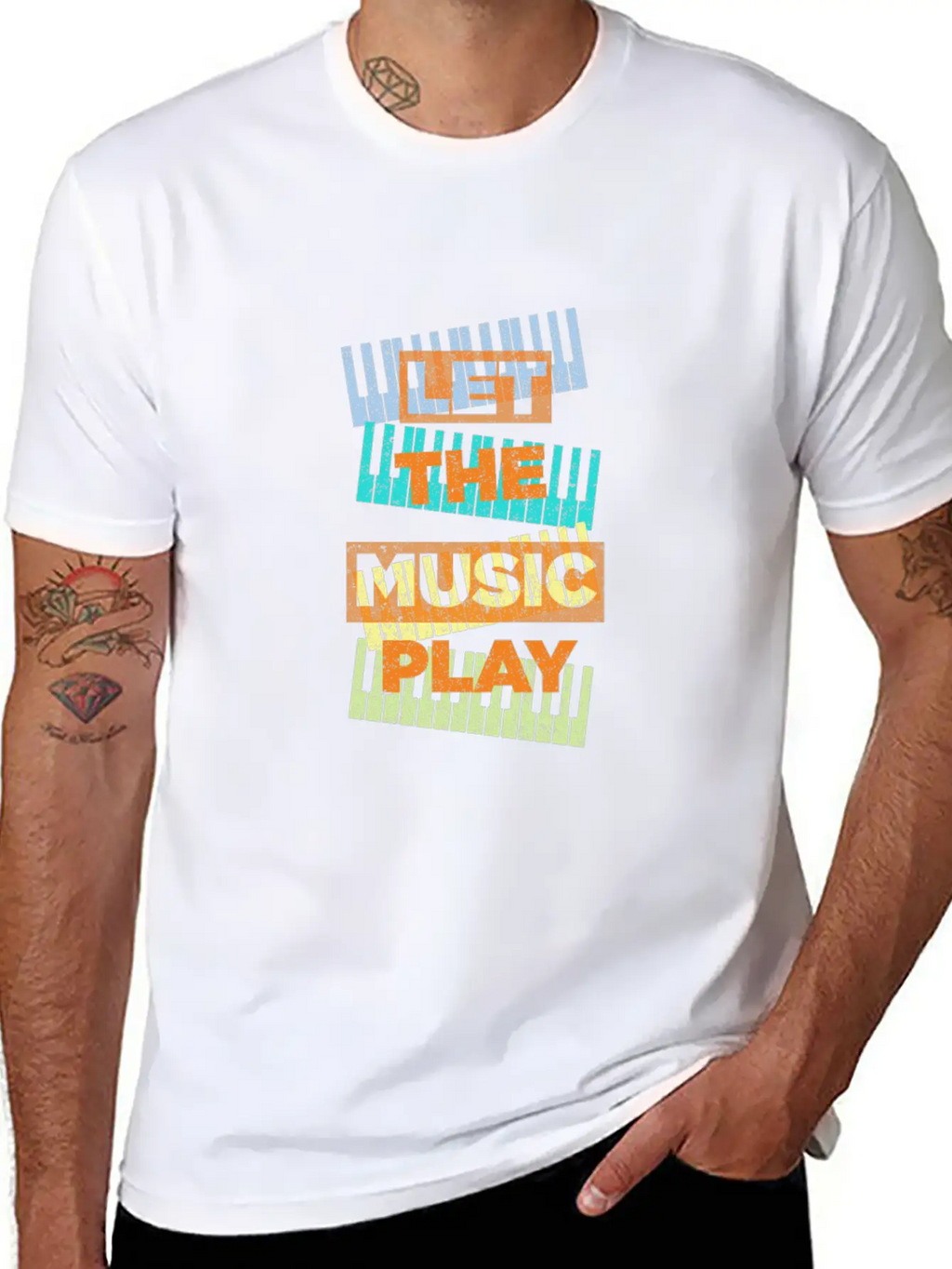 Let The Music Play Piano Keyboards Musician Gift Stylish Everyday T-Shirt – Unisex Basic Cotton Tee