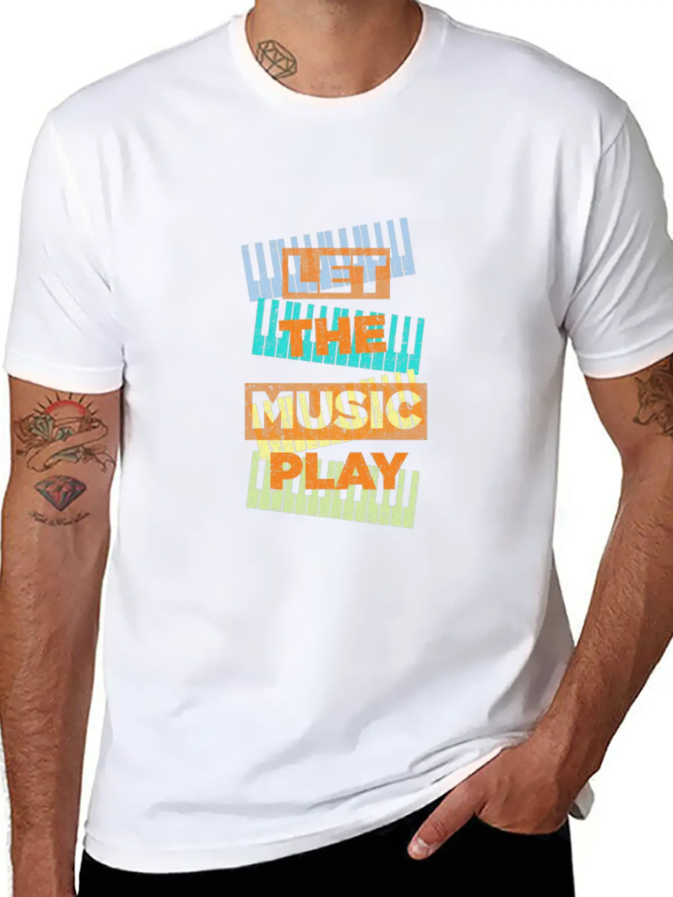 Let The Music Play Piano Keyboards Musician Gift Stylish Everyday T-Shirt – Unisex Basic Cotton Tee