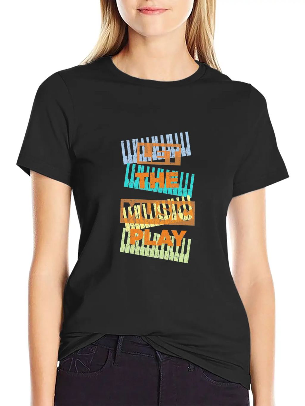 Let The Music Play Piano Keyboards Musician Gift Stylish Everyday T-Shirt – Unisex Basic Cotton Tee