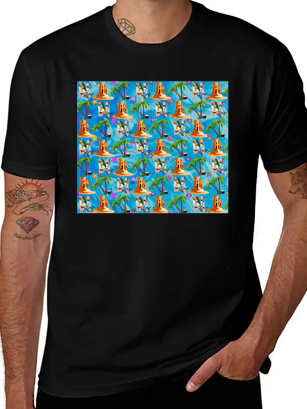 Letter N With Sea . Pattern Letter Stylish Everyday T-Shirt – Unisex Basic Cotton Tee