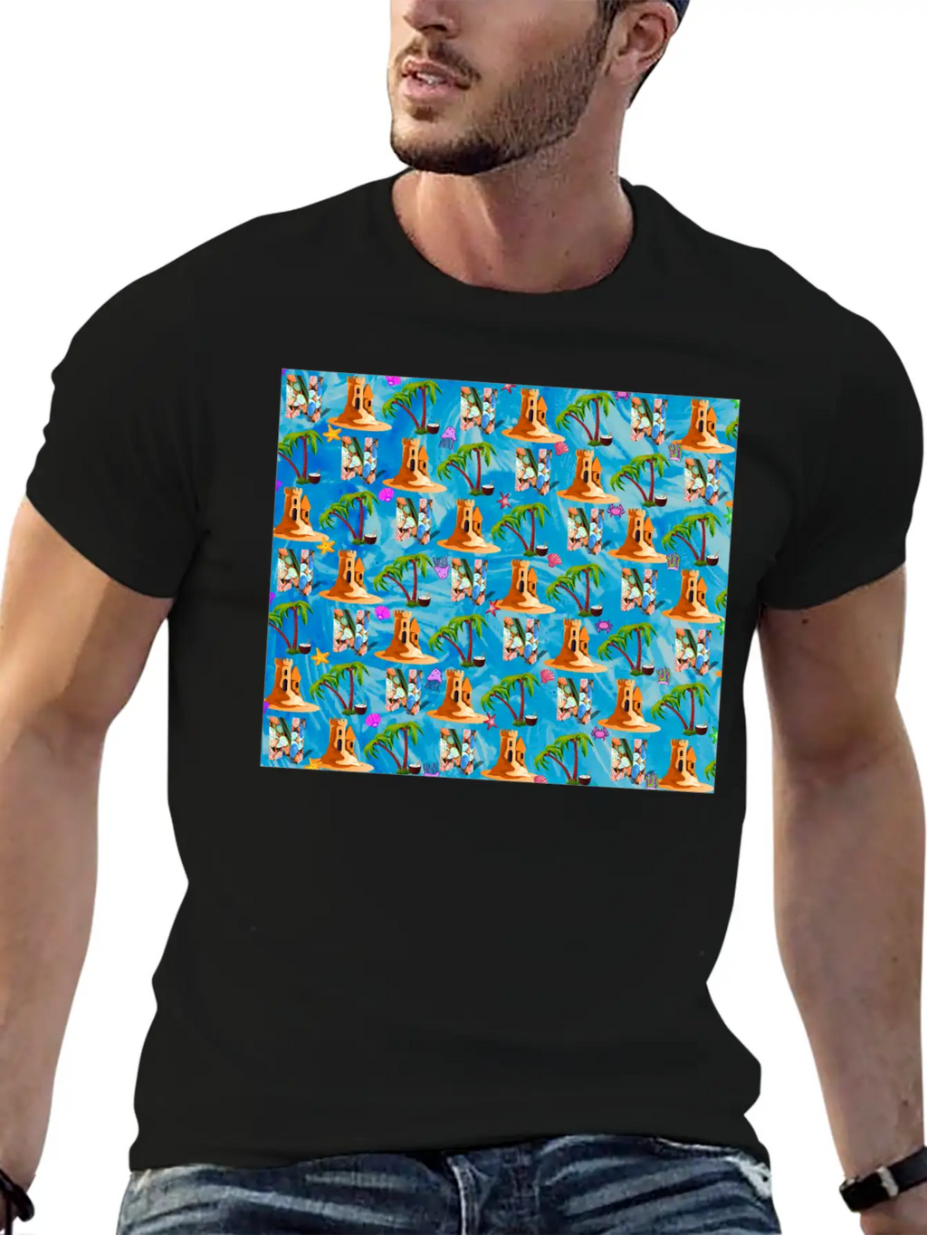 Letter N With Sea . Pattern Letter Stylish Everyday T-Shirt – Unisex Basic Cotton Tee