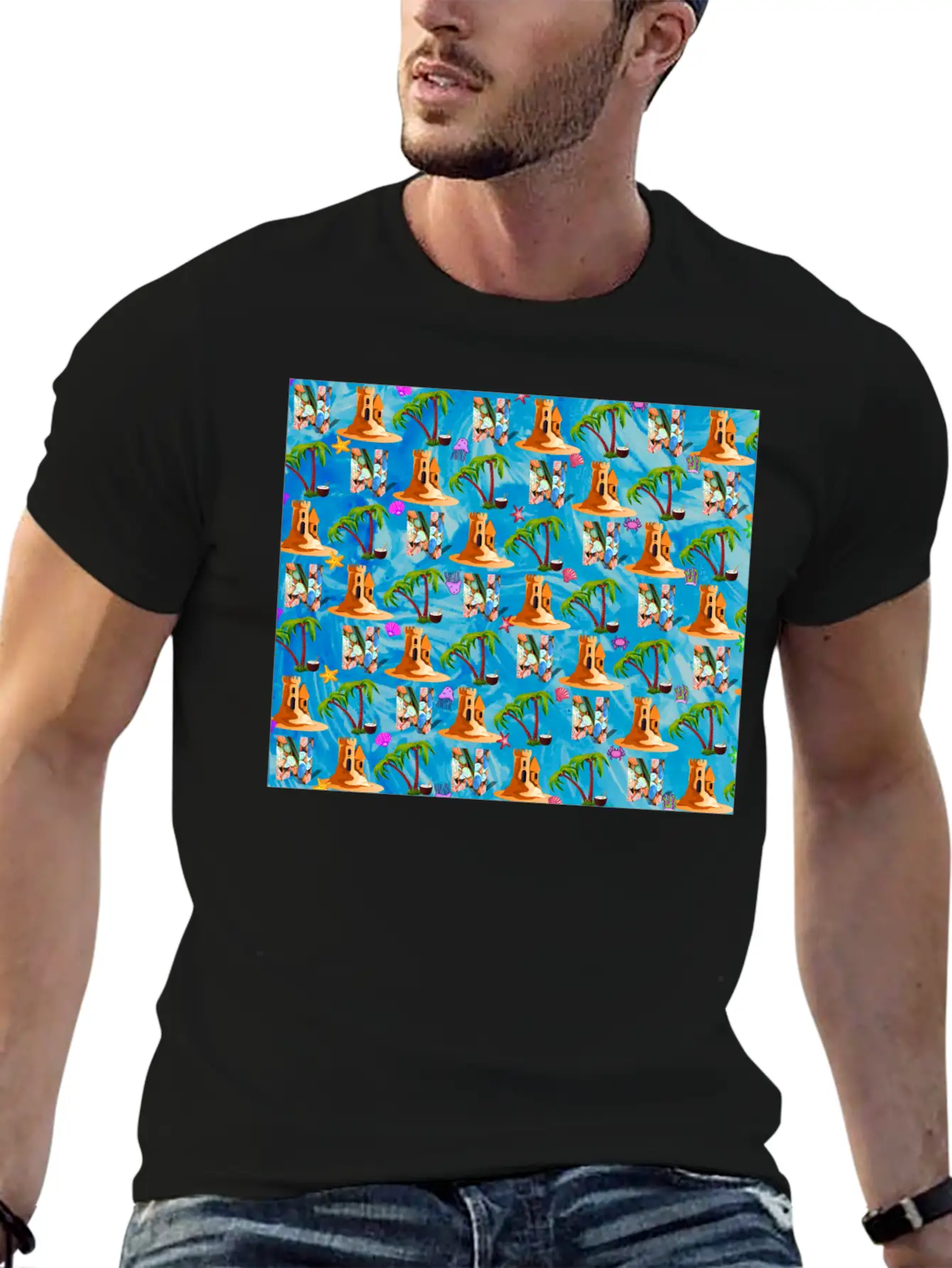 Letter N With Sea . Pattern Letter Stylish Everyday T-Shirt – Unisex Basic Cotton Tee