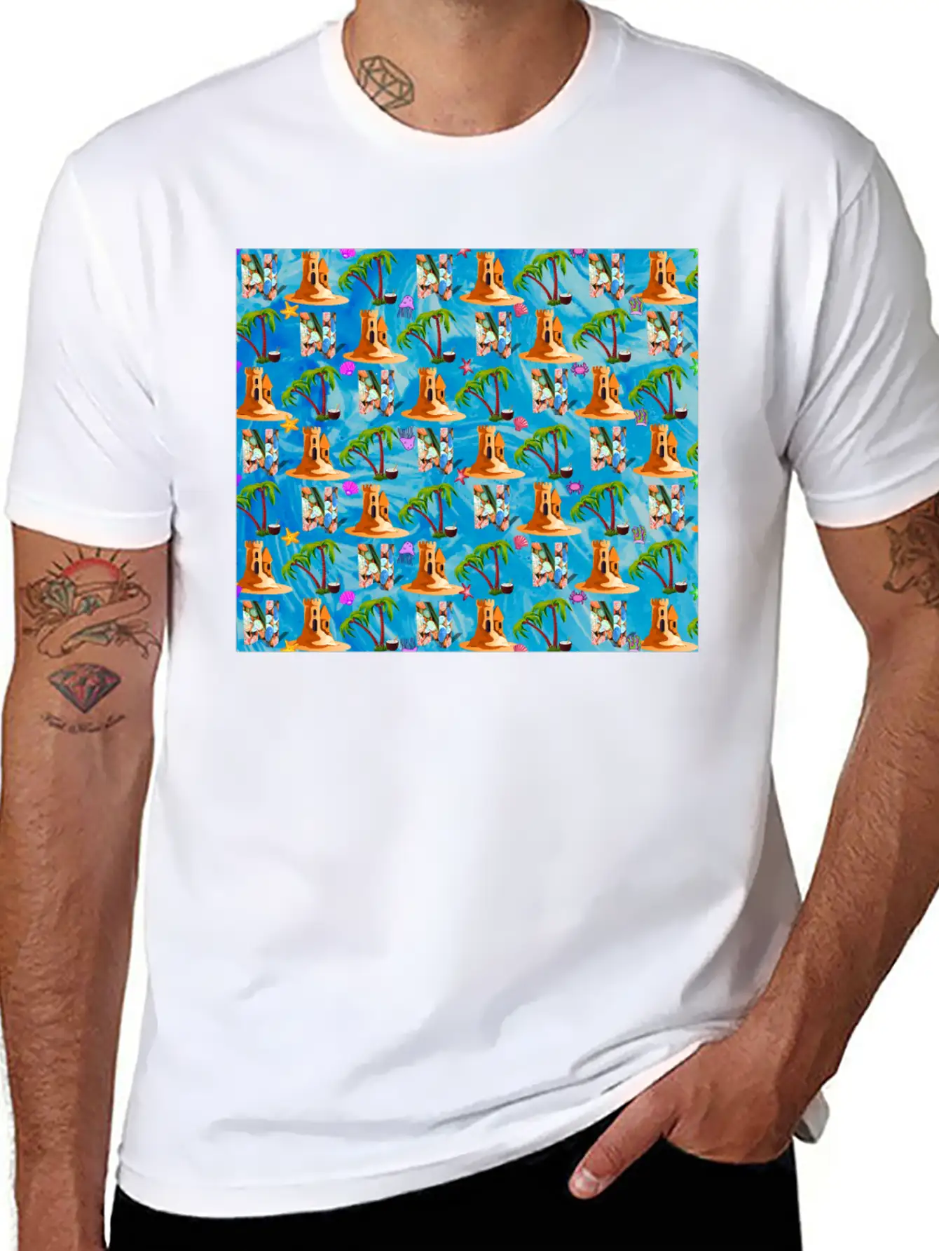 Letter N With Sea . Pattern Letter Stylish Everyday T-Shirt – Unisex Basic Cotton Tee