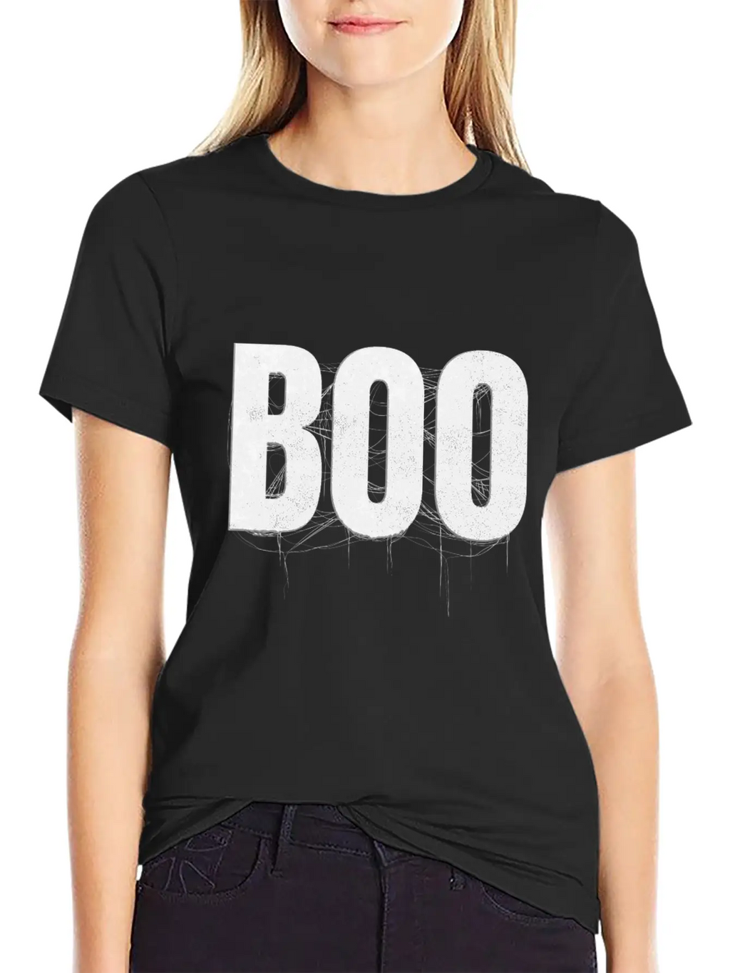 Letters Write The Word Boo With Spider Web On Essential Cotton Tee For Daily Outfits – Unisex Style