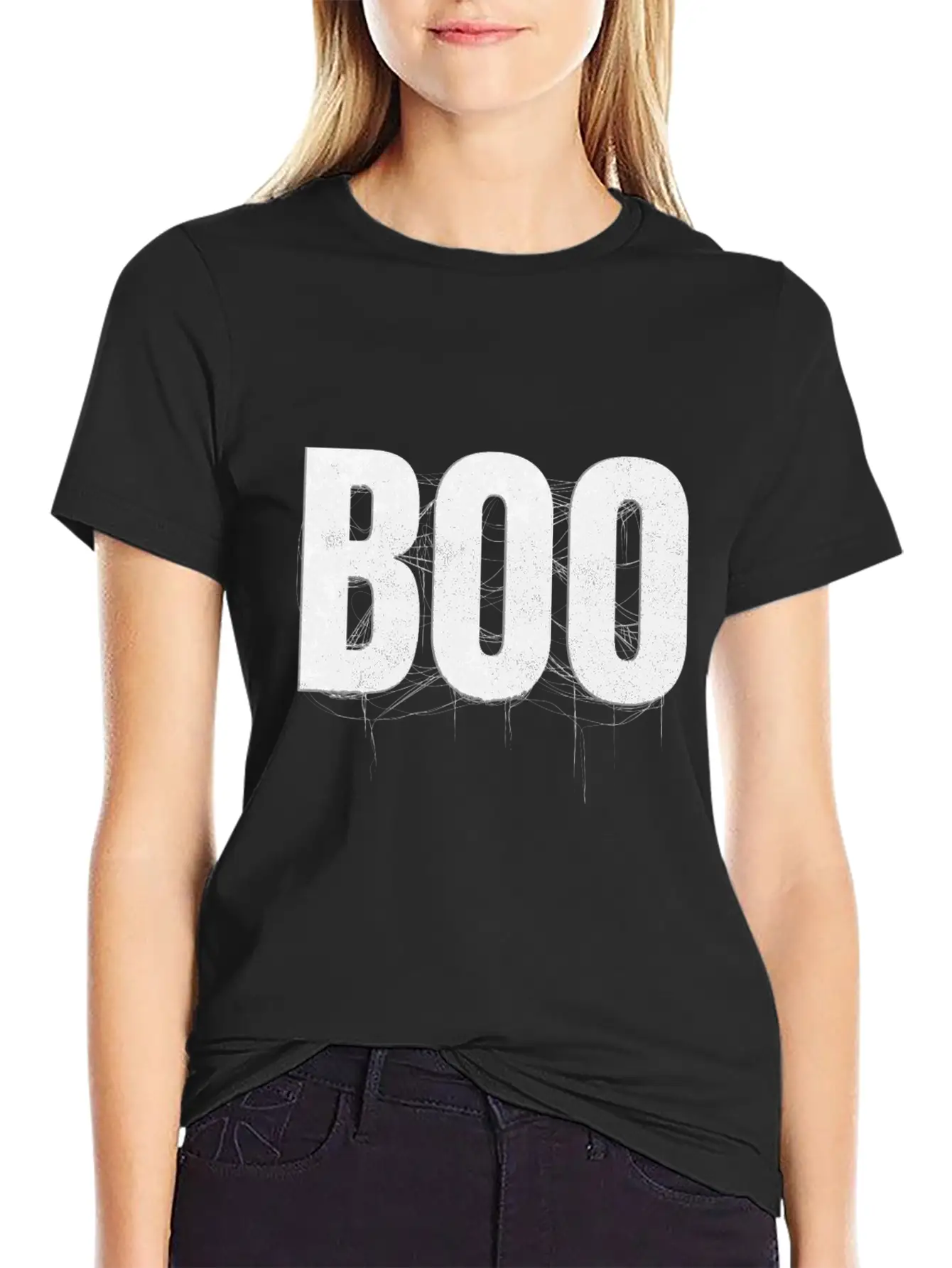 Letters Write The Word Boo With Spider Web On Essential Cotton Tee For Daily Outfits – Unisex Style