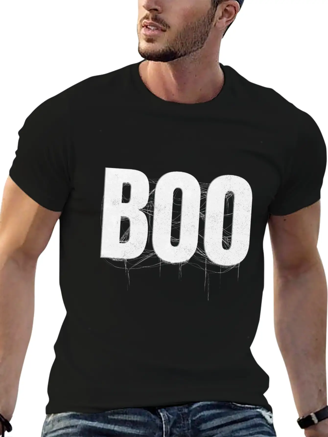 Letters Write The Word Boo With Spider Web On Essential Cotton Tee For Daily Outfits – Unisex Style
