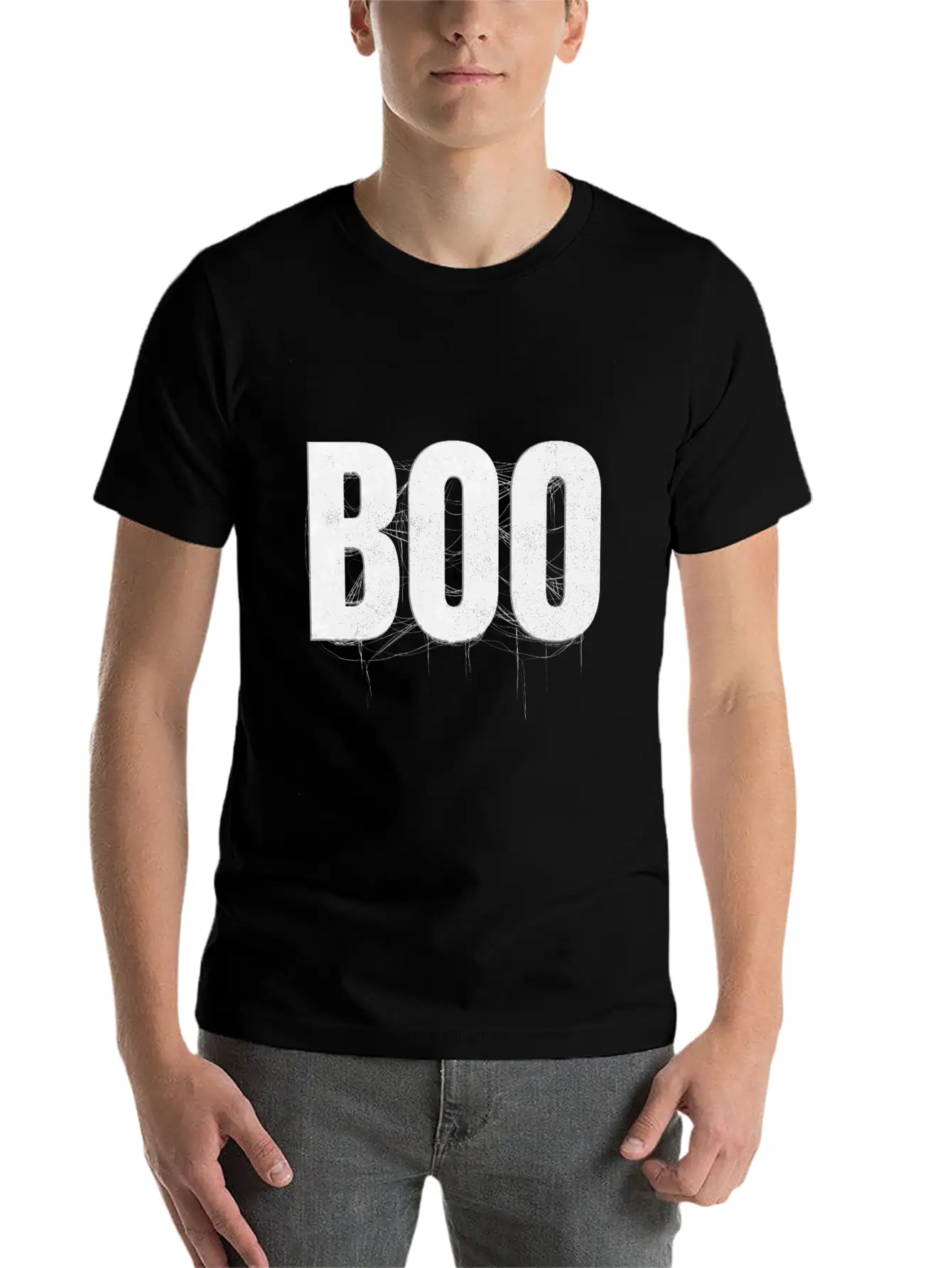 Letters Write The Word Boo With Spider Web On Essential Cotton Tee For Daily Outfits – Unisex Style