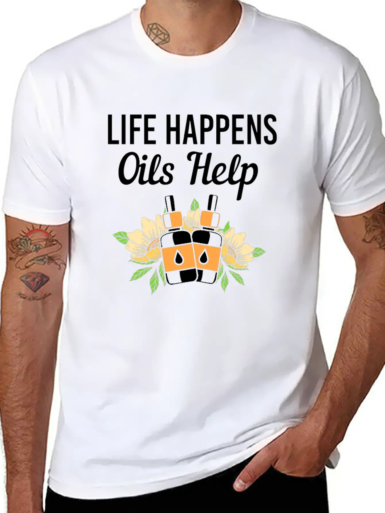 Life Happens Oils Help Funny Essential Oil Unisex Short Sleeve Soft Cotton T-Shirt – Casual Everyday Wear