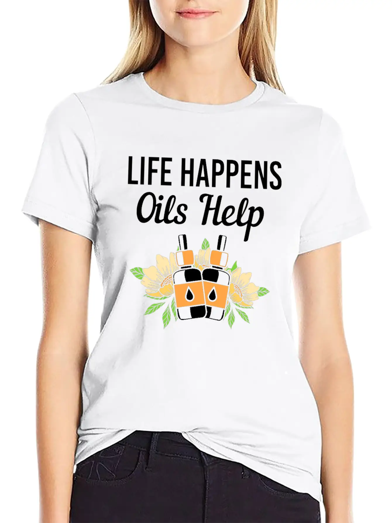 Life Happens Oils Help Funny Essential Oil Unisex Short Sleeve Soft Cotton T-Shirt – Casual Everyday Wear