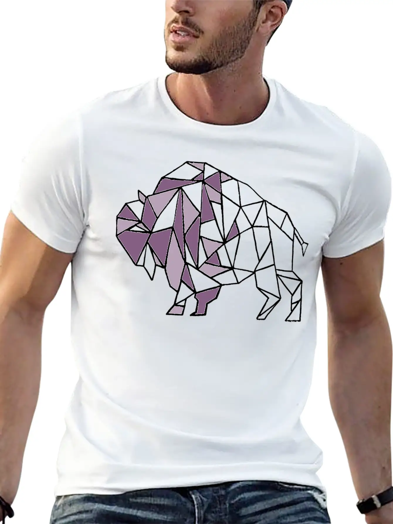 Lilac Lavender Geometric Bison Unisex Short Sleeve Soft Cotton T-Shirt – Casual Everyday Wear