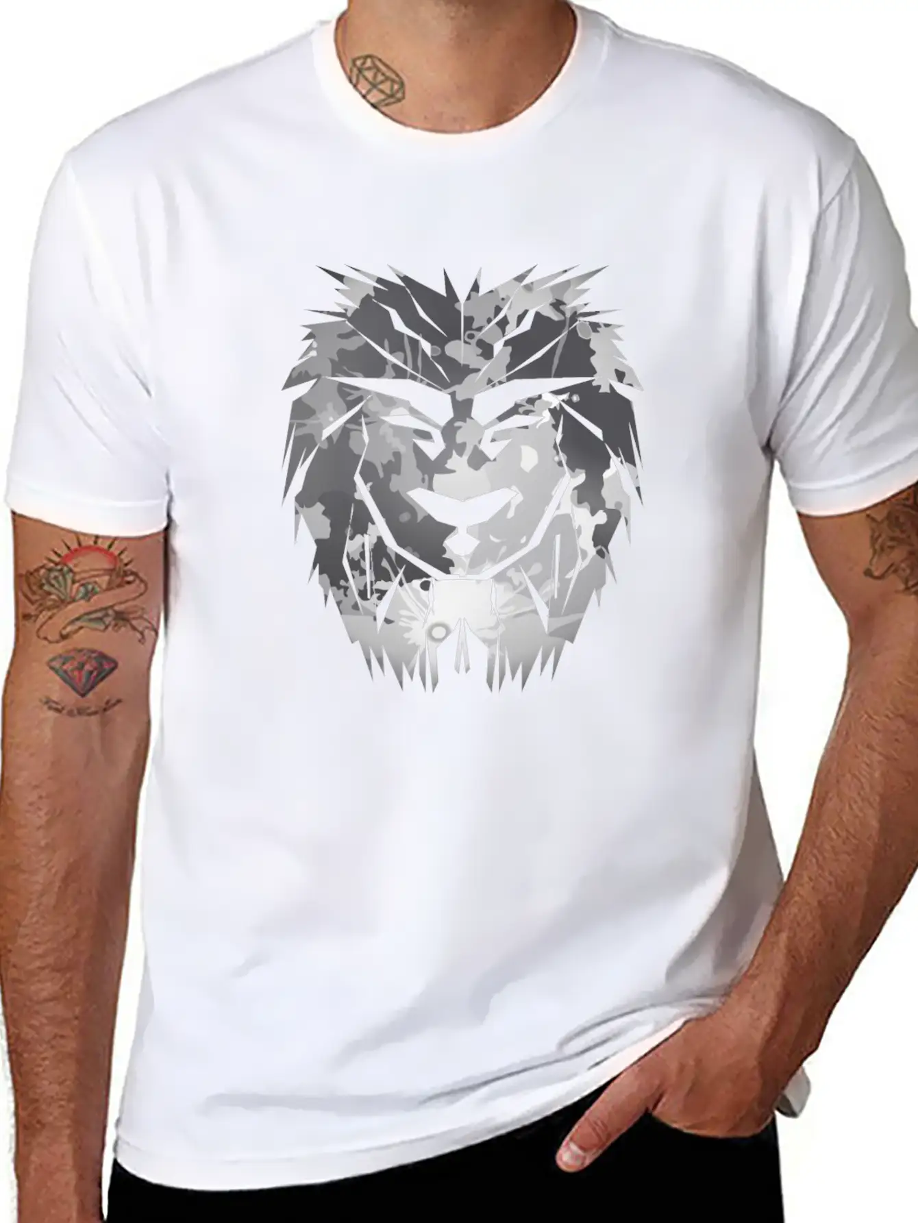 Lion Head Silver Safari Africa Gift Desert Jungle Unisex Short Sleeve Soft Cotton T-Shirt – Casual Everyday Wear