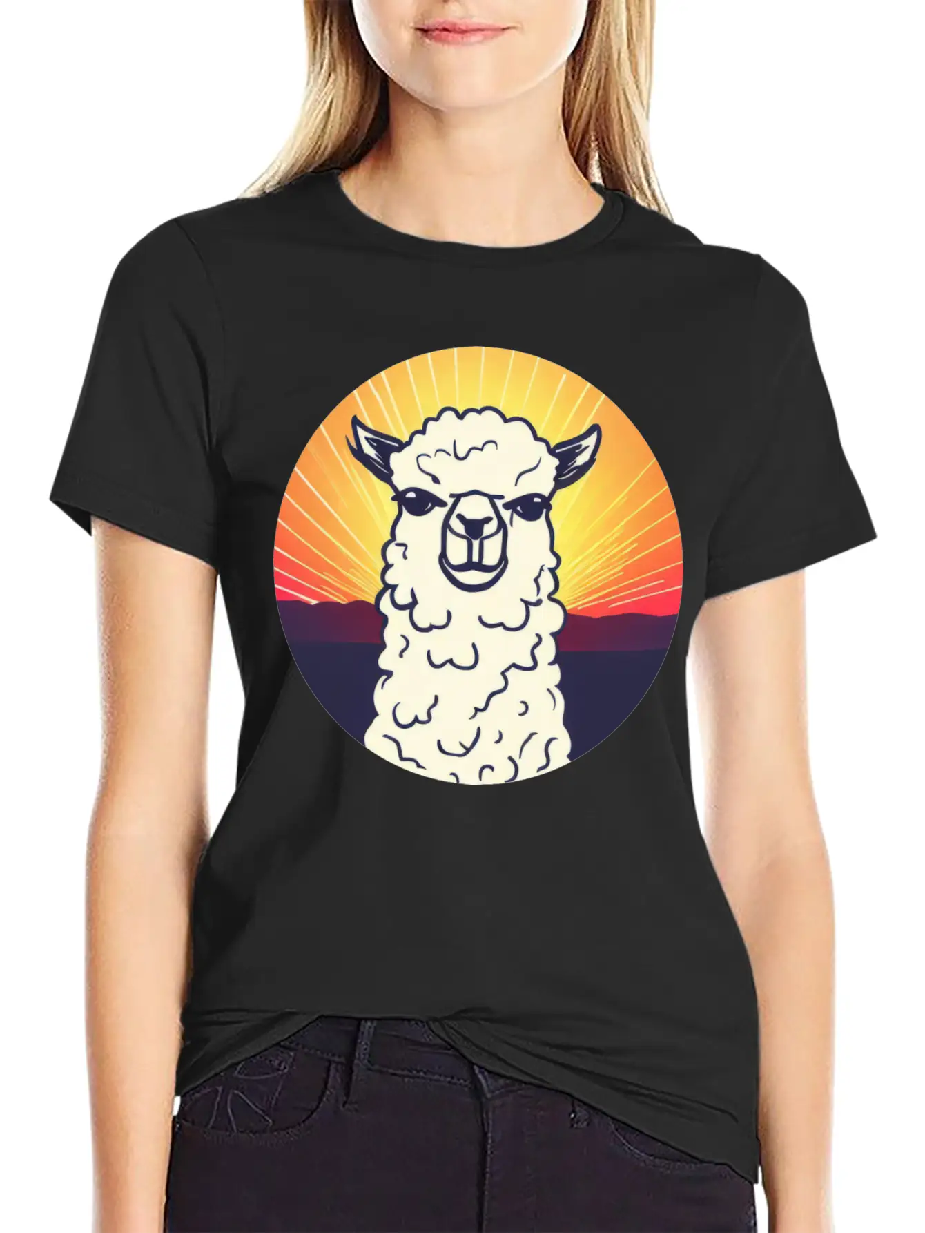 Llama Sunset Design Breathable Soft Cotton T-Shirt – Timeless Casual Look