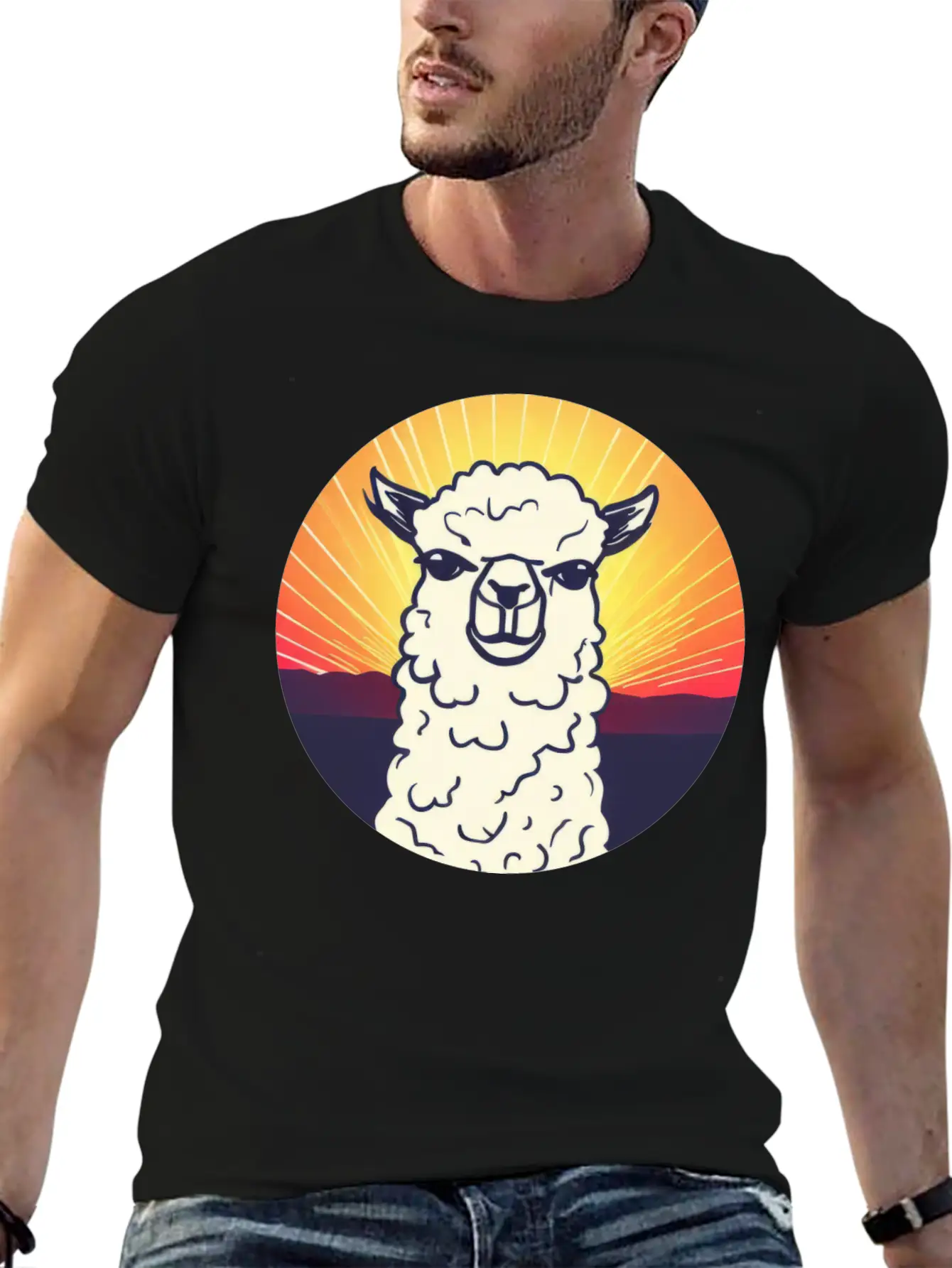 Llama Sunset Design Breathable Soft Cotton T-Shirt – Timeless Casual Look