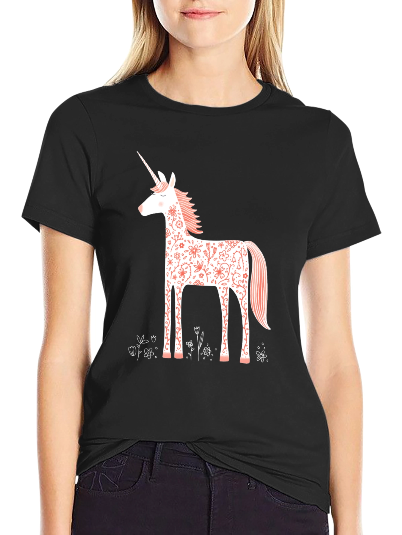 Floral Unicorn Graphic Tee - Black