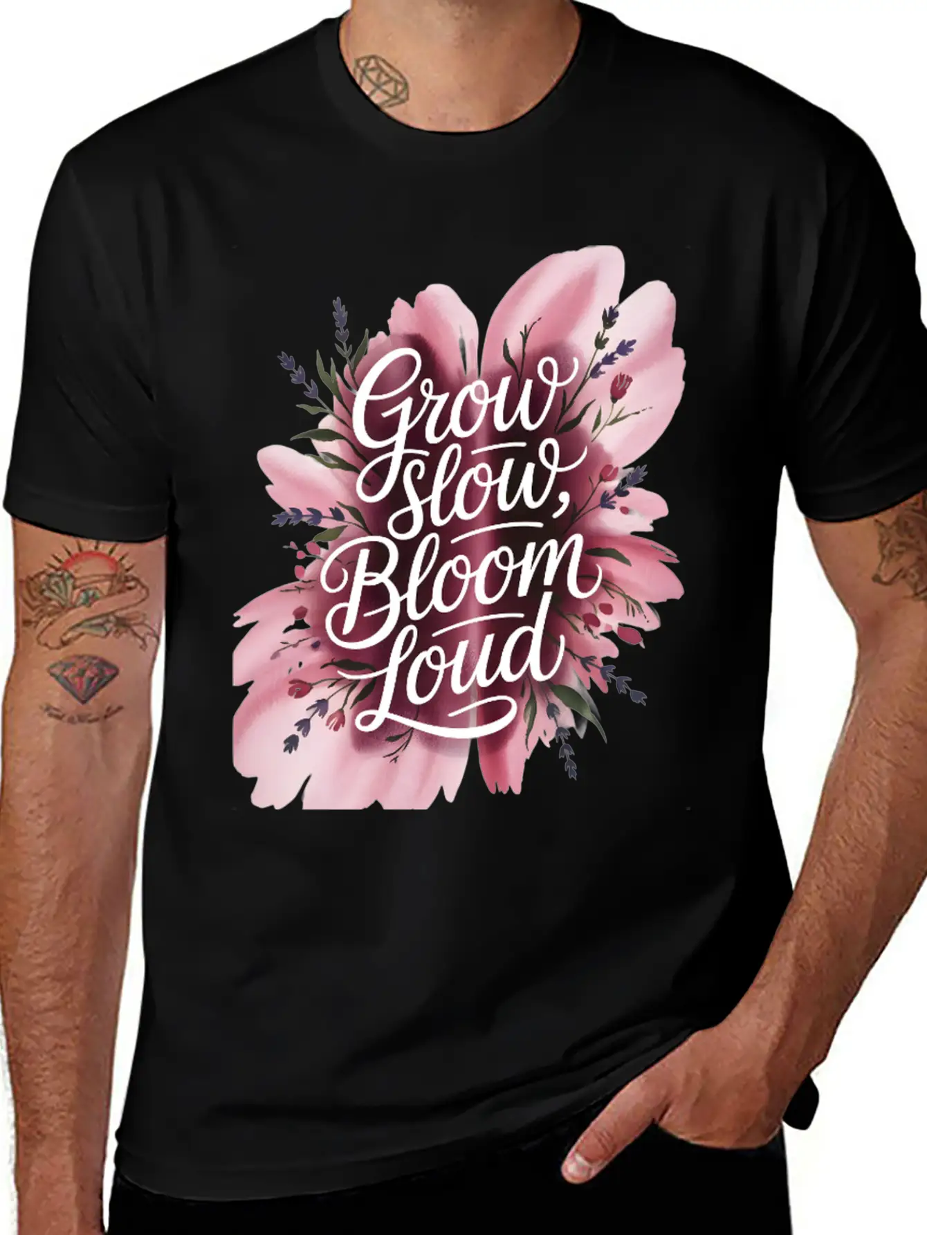Loud Bloom Minimal Script "Grow Slow, Bloom Loud. Stylish Everyday T-Shirt – Unisex Basic Cotton Tee