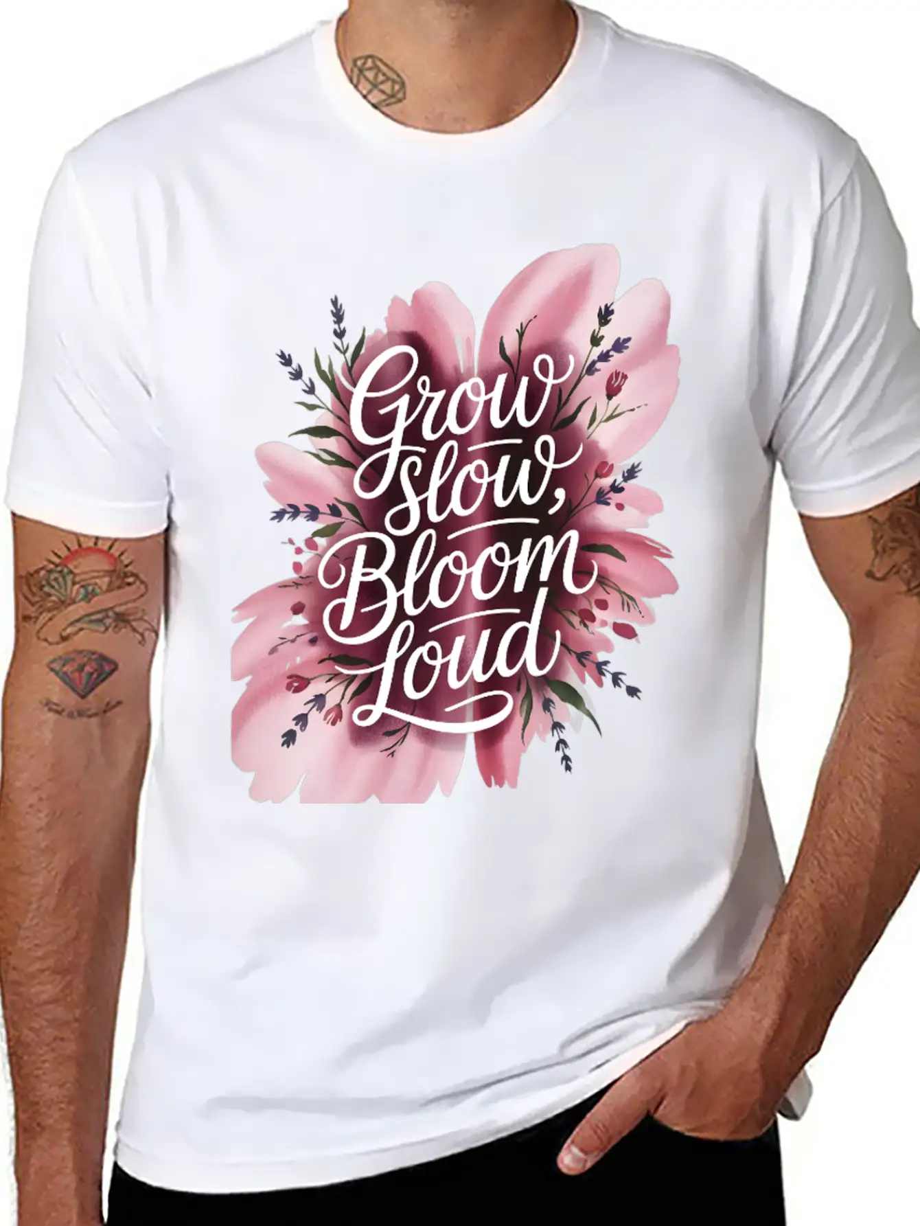 Loud Bloom Minimal Script "Grow Slow, Bloom Loud. Stylish Everyday T-Shirt – Unisex Basic Cotton Tee