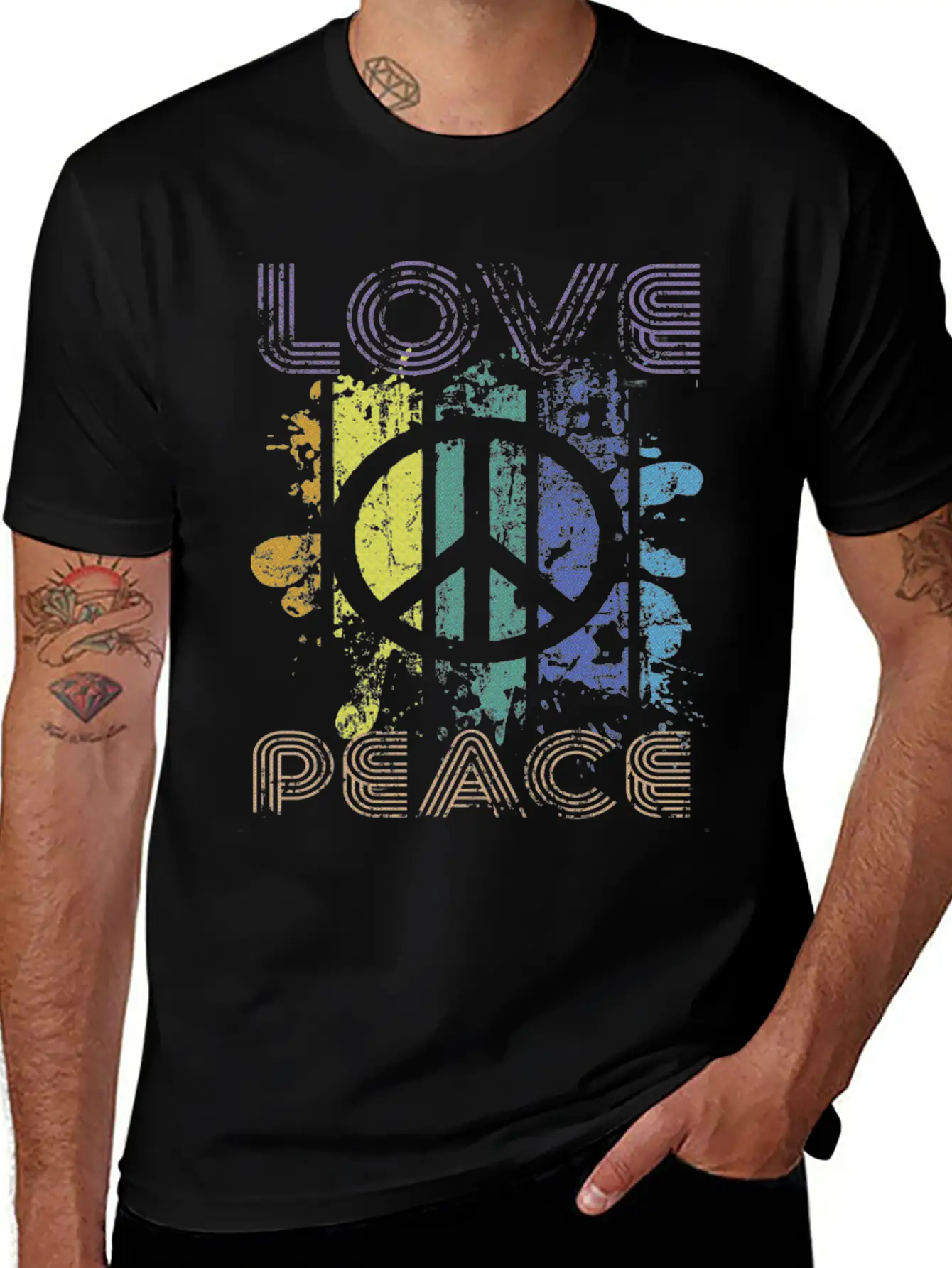 Love And Peace Sing Sign Symbol Heavily Distressed Unisex Short Sleeve Soft Cotton T-Shirt – Casual Everyday Wear