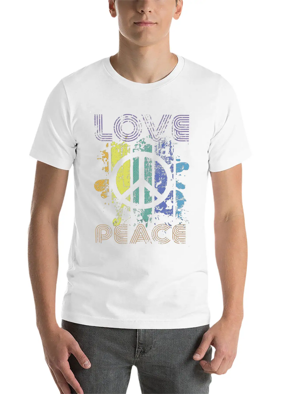 Love And Peace Sing Sign Symbol Heavily Distressed Unisex Short Sleeve Soft Cotton T-Shirt – Casual Everyday Wear