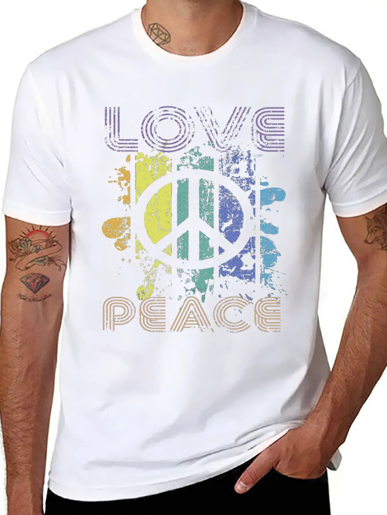 Love And Peace Sing Sign Symbol Heavily Distressed Unisex Short Sleeve Soft Cotton T-Shirt – Casual Everyday Wear