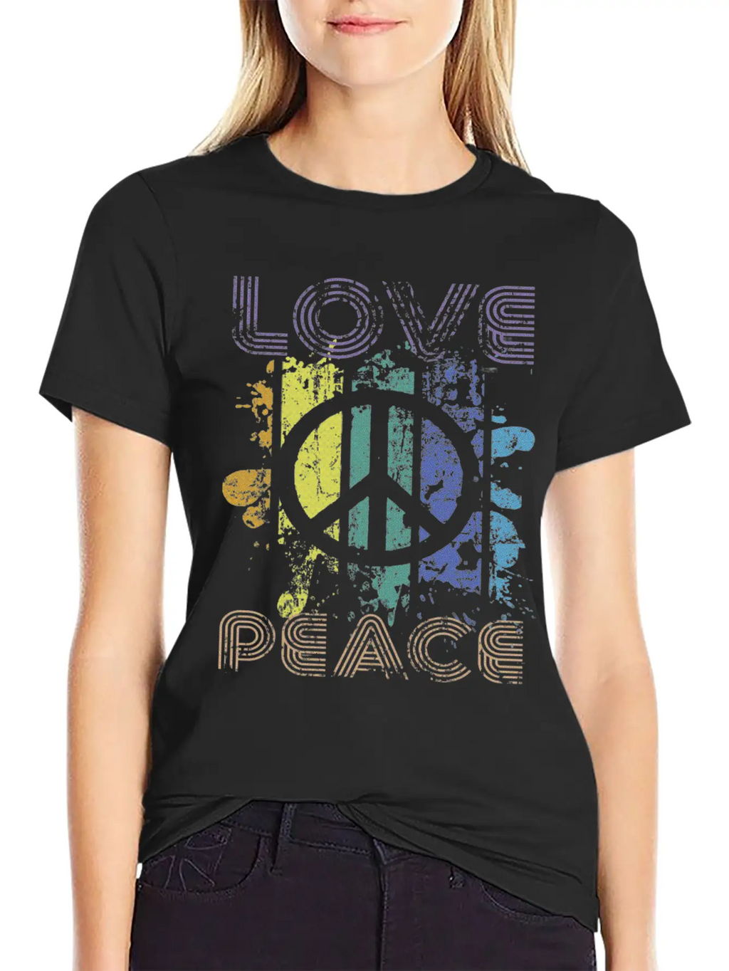 Love And Peace Sing Sign Symbol Heavily Distressed Unisex Short Sleeve Soft Cotton T-Shirt – Casual Everyday Wear