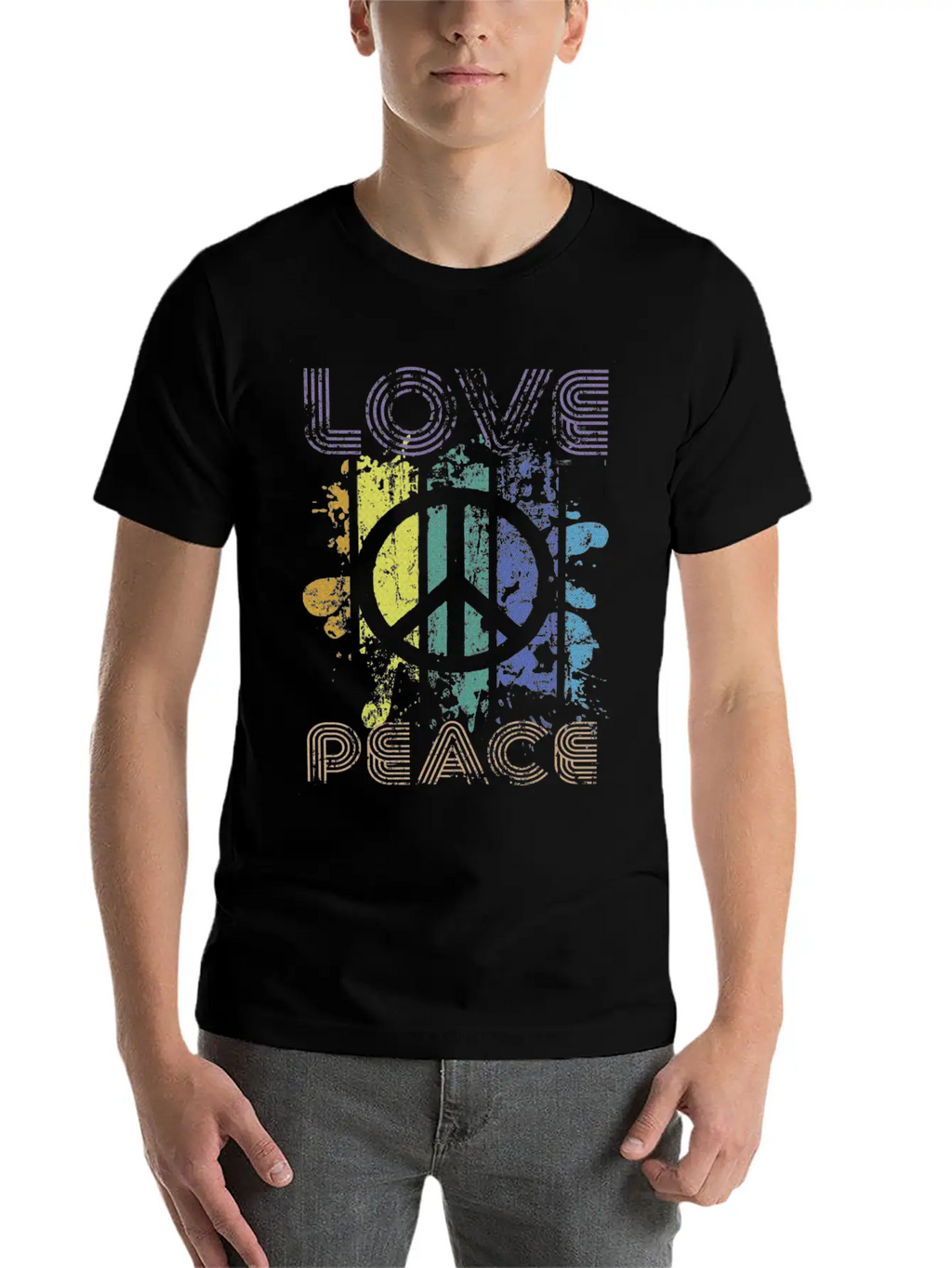 Love And Peace Sing Sign Symbol Heavily Distressed Unisex Short Sleeve Soft Cotton T-Shirt – Casual Everyday Wear